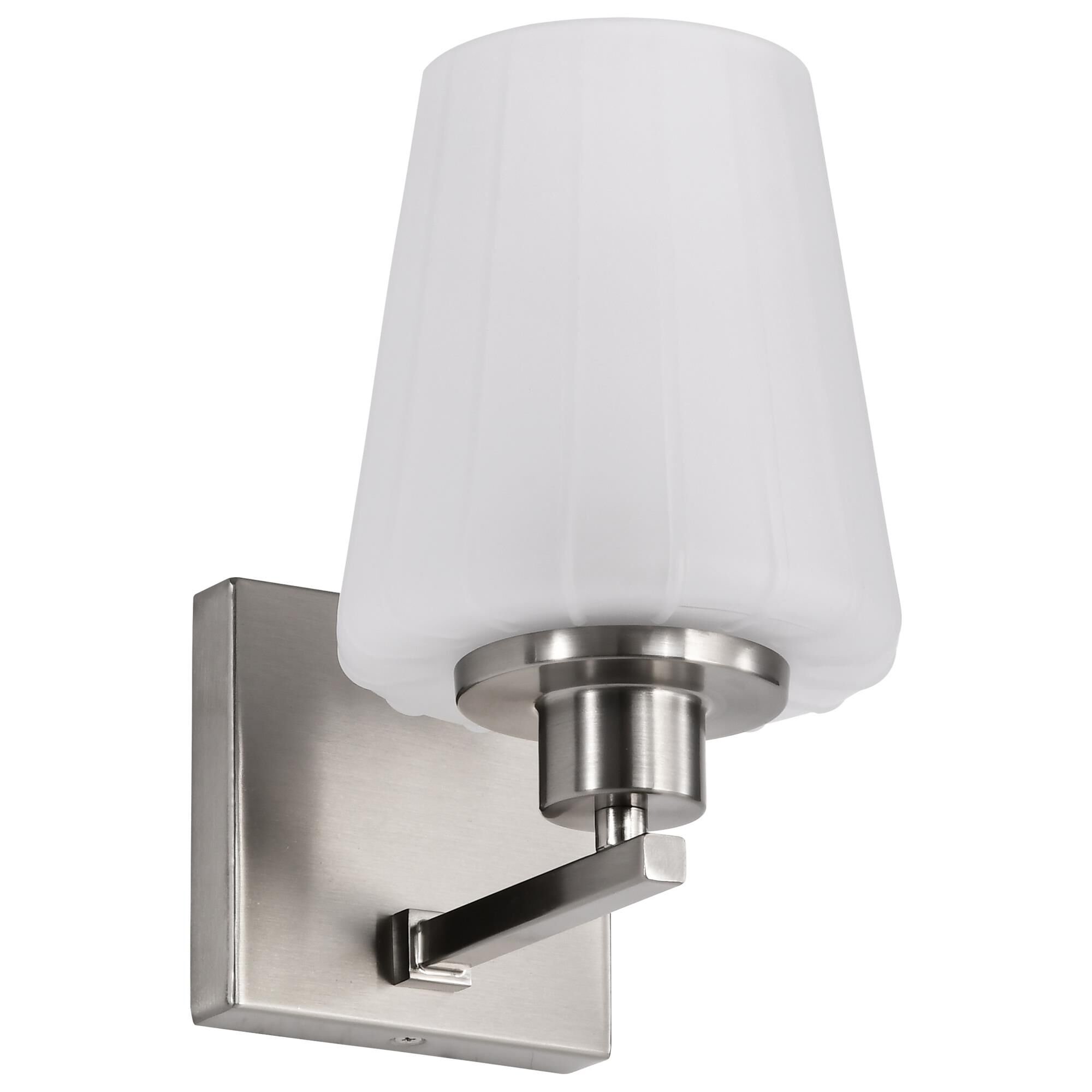 Shown in Brushed Nickel finish and Etched White glass