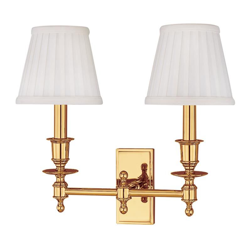 Shown in Polished Brass finish and Off White Faux Silk shade