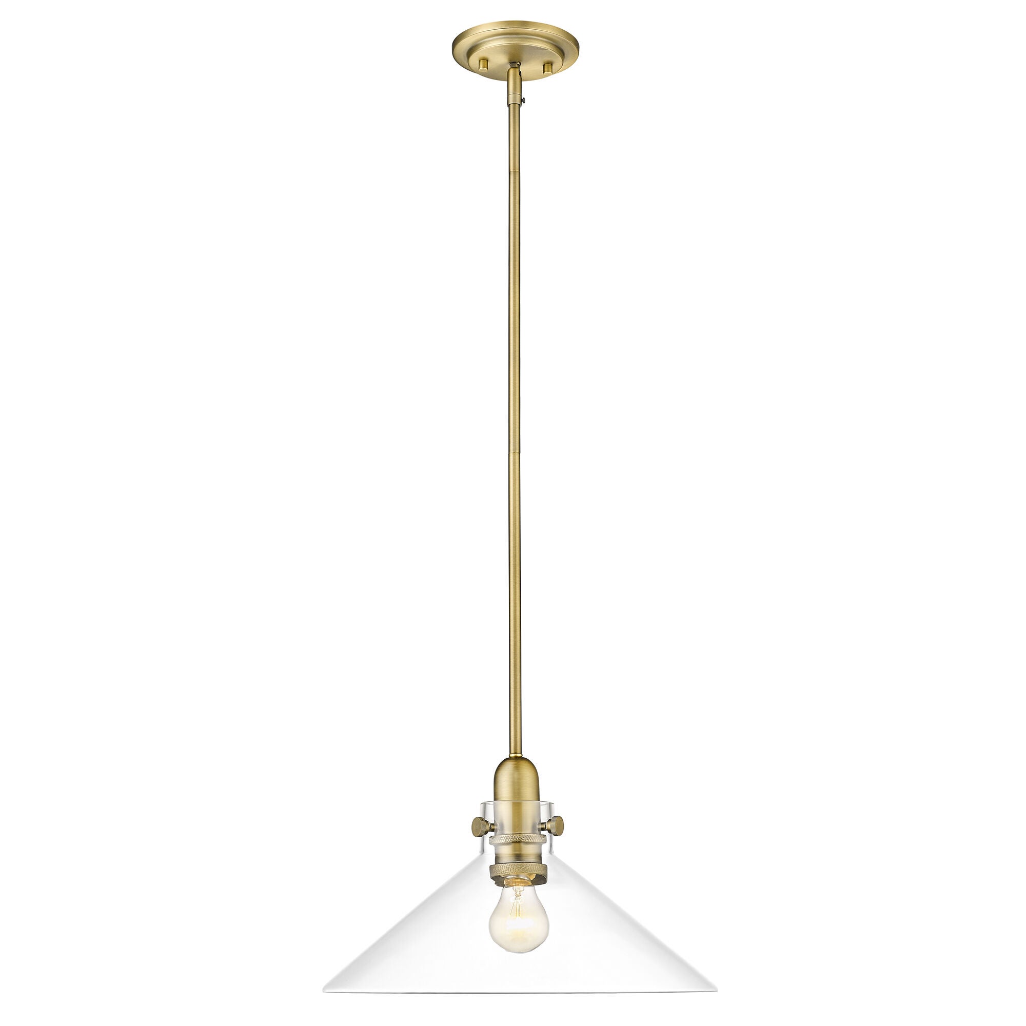 Shown in Antique Brass finish and Clear Glass shade