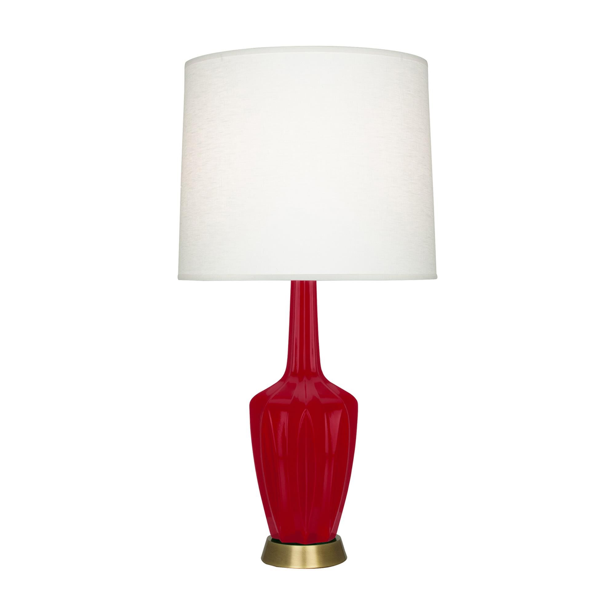 Shown in Ruby Red finish and Off White shade and Warm Brass accent