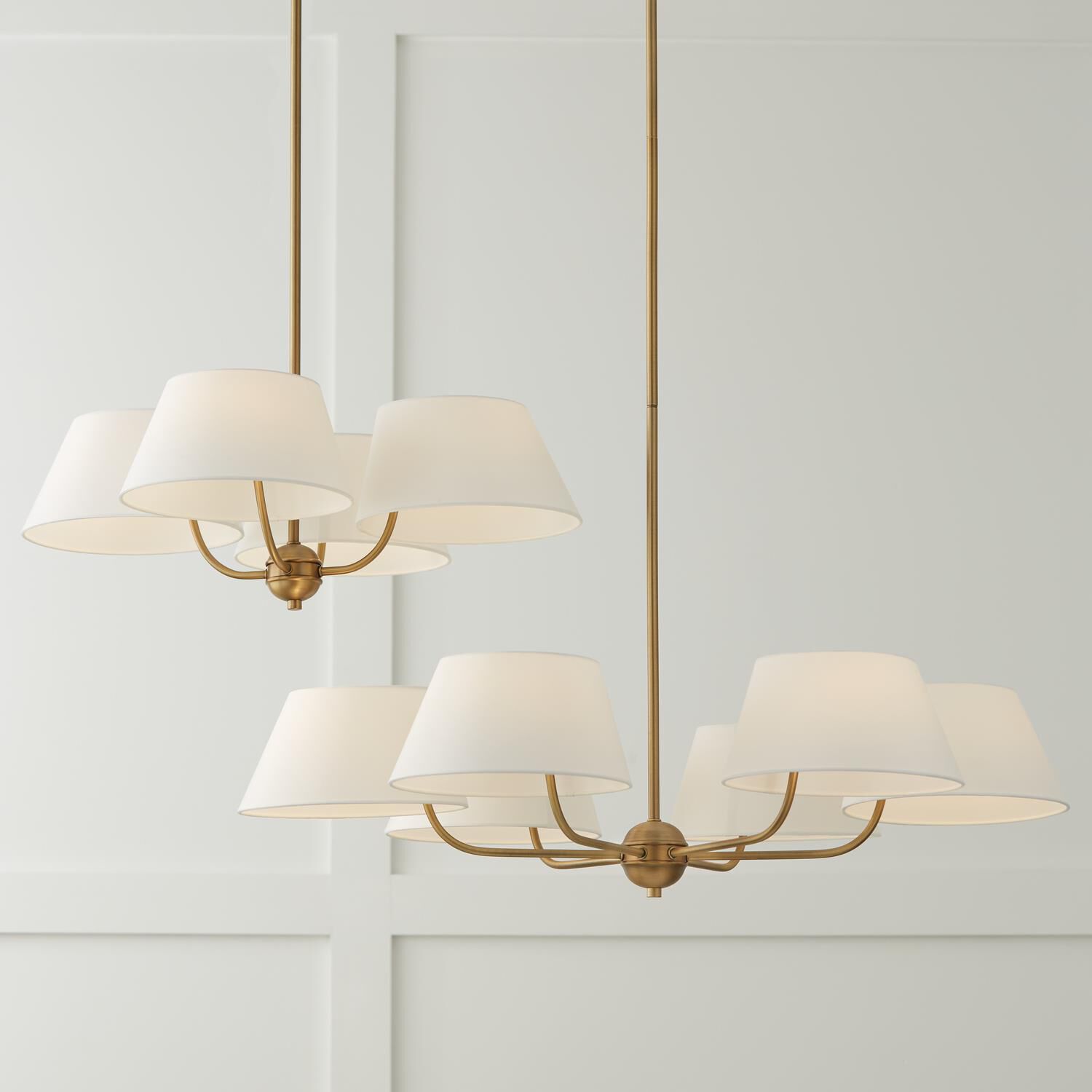 Shown in Aged Brass finish and White Fabric shade