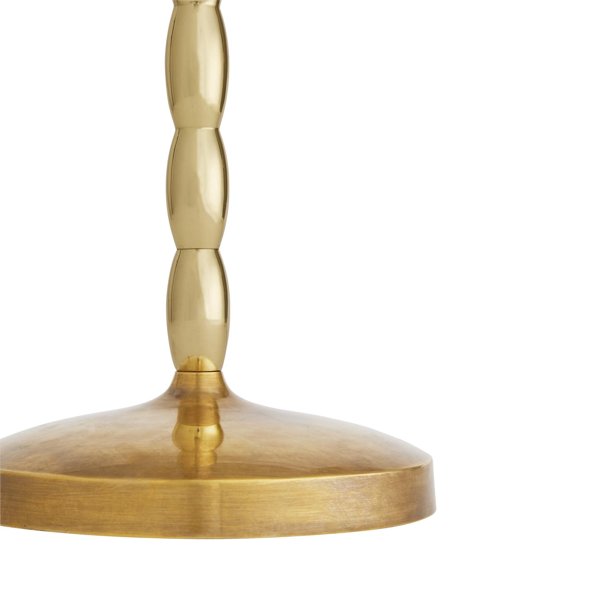 Shown in Polished Brass finish and Linen shade