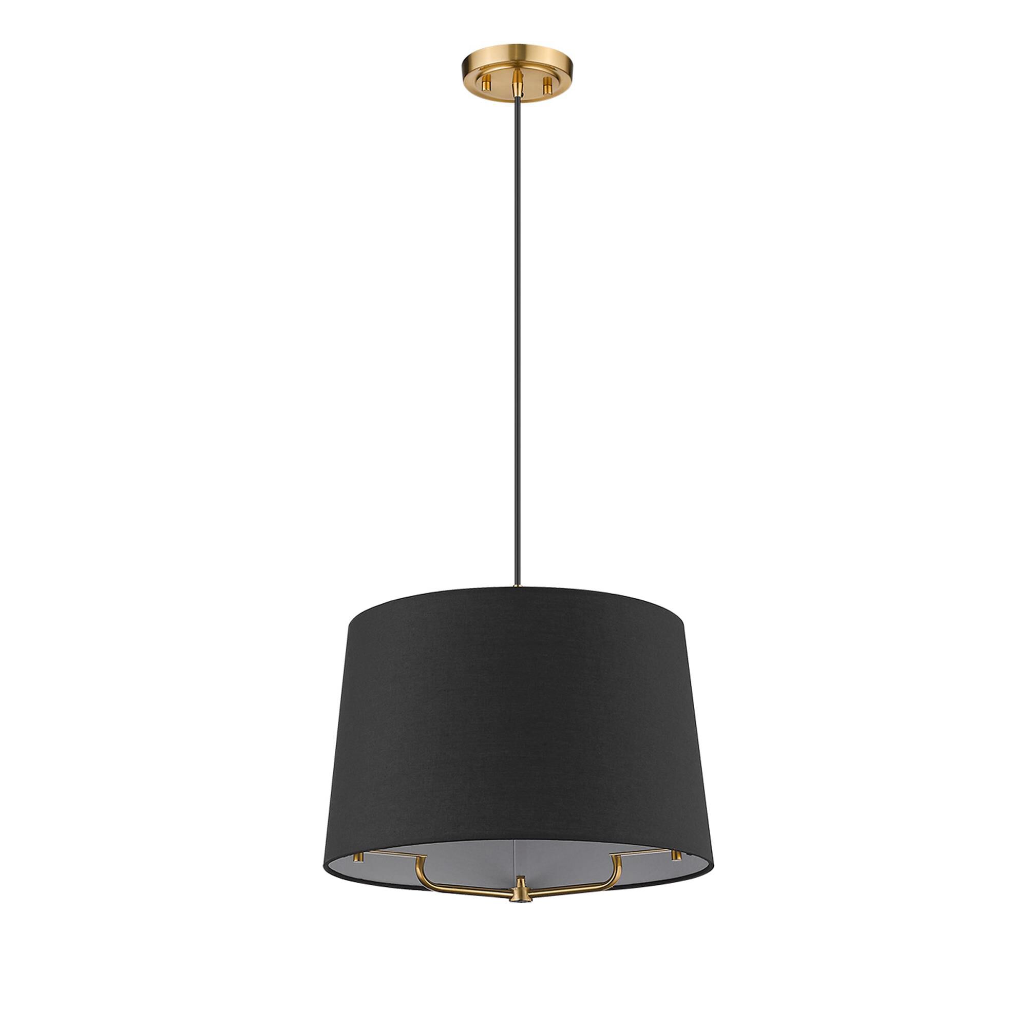 Shown in Gold finish and Matte Black glass and Black Hardback Linen Drum shade
