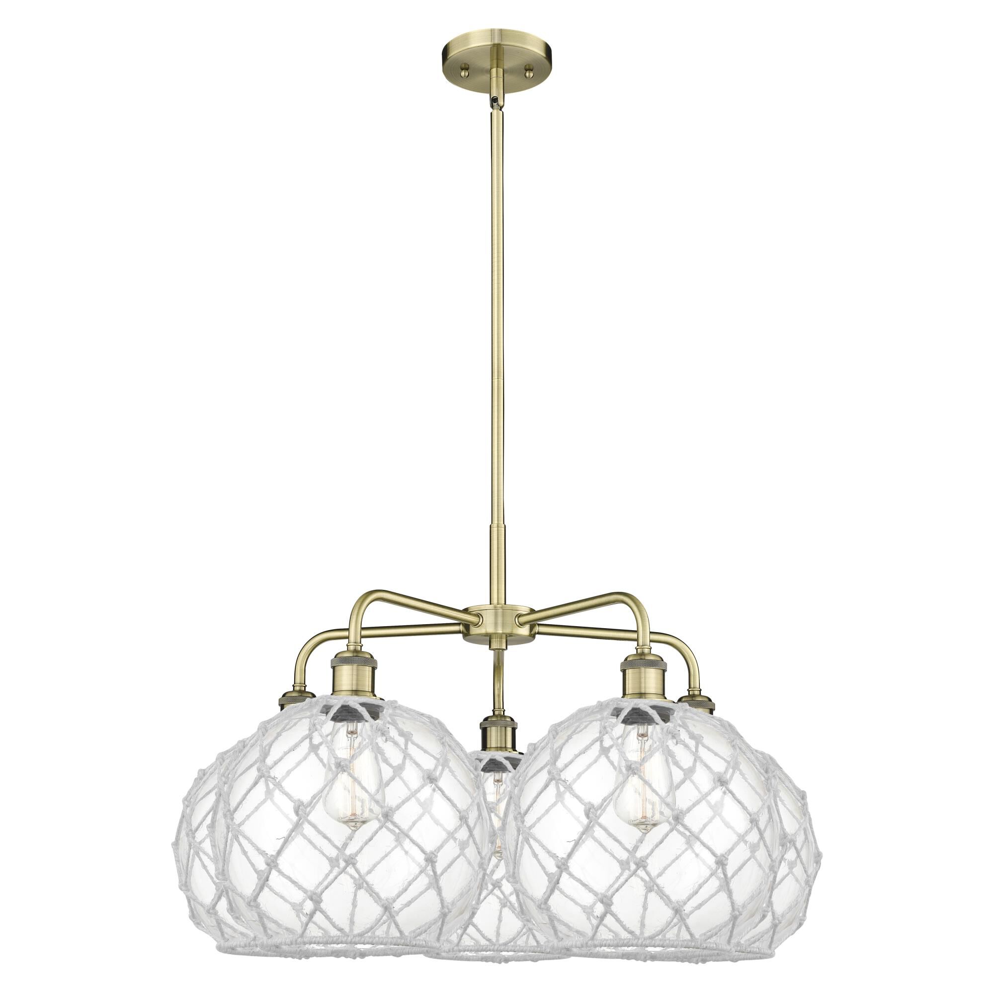 Shown in Antique Brass finish and Clear with White Rope glass