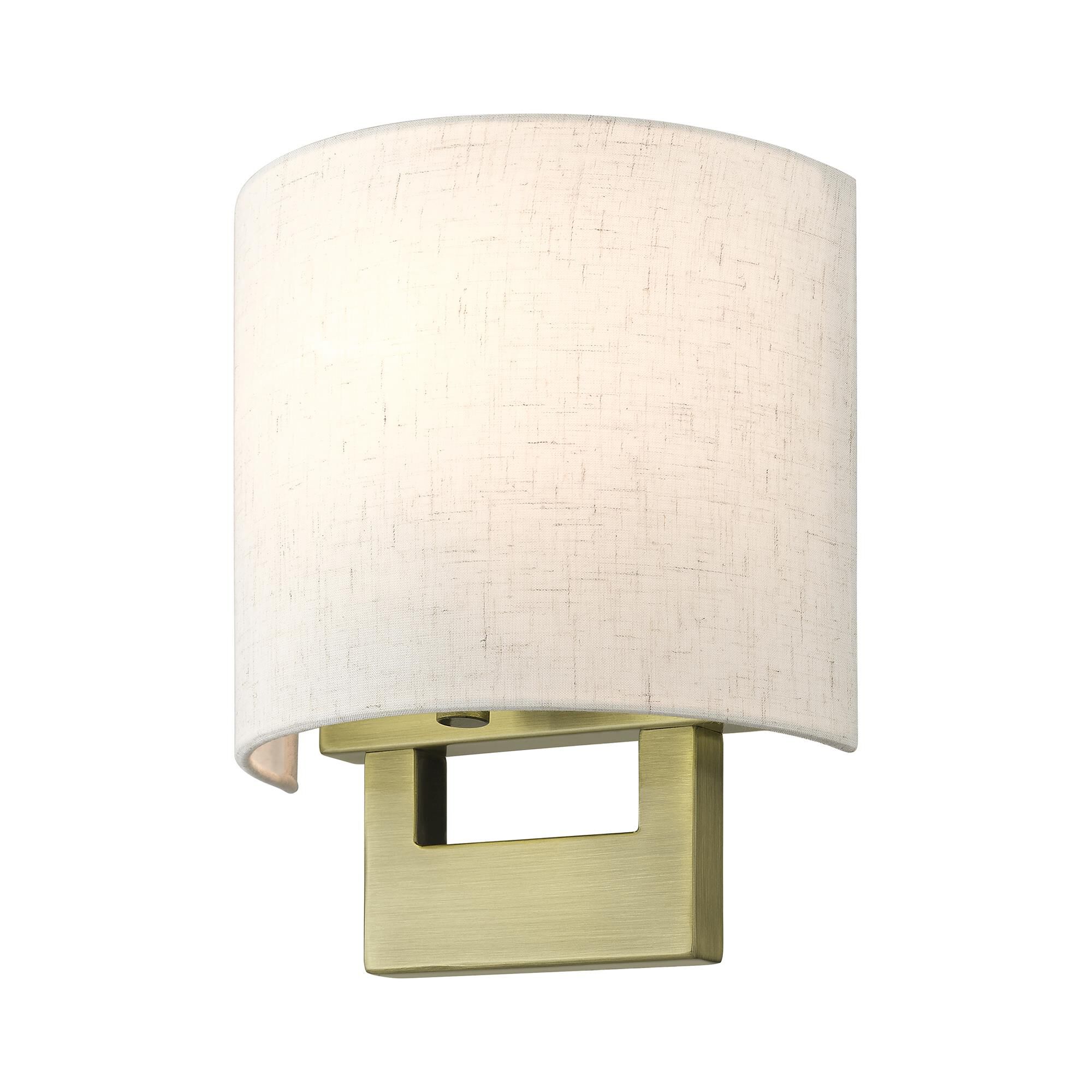 Shown in Antique Brass finish and Hand Crafted Oatmeal Color Hardback Fabric with White Fabric Inside shade