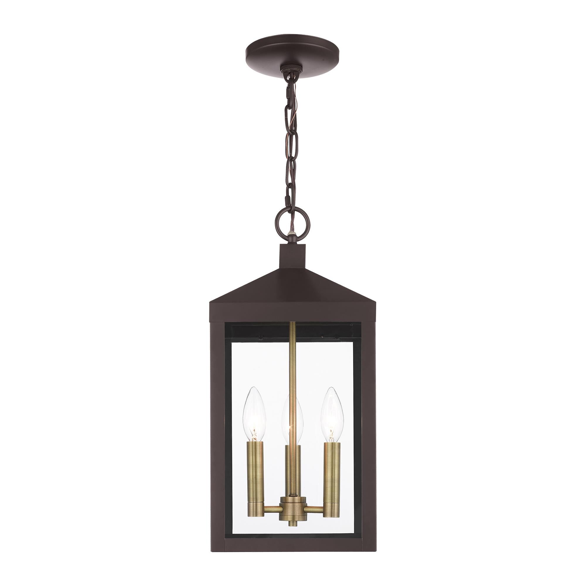 Shown in Bronze With Antique Brass Cluser finish and Clear glass and Clear Glass shade