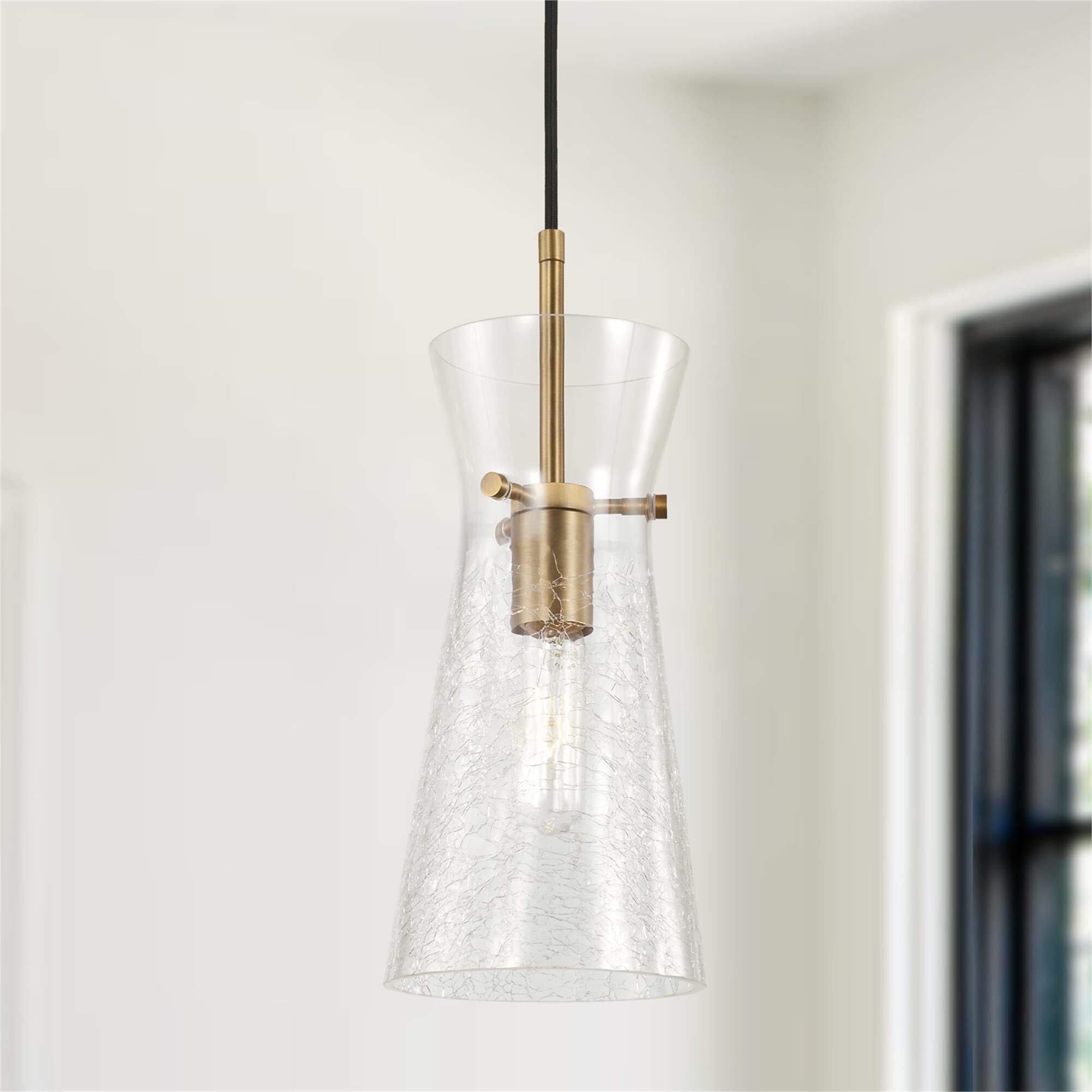 Shown in Aged Brass finish and Clear Half-Crackle glass