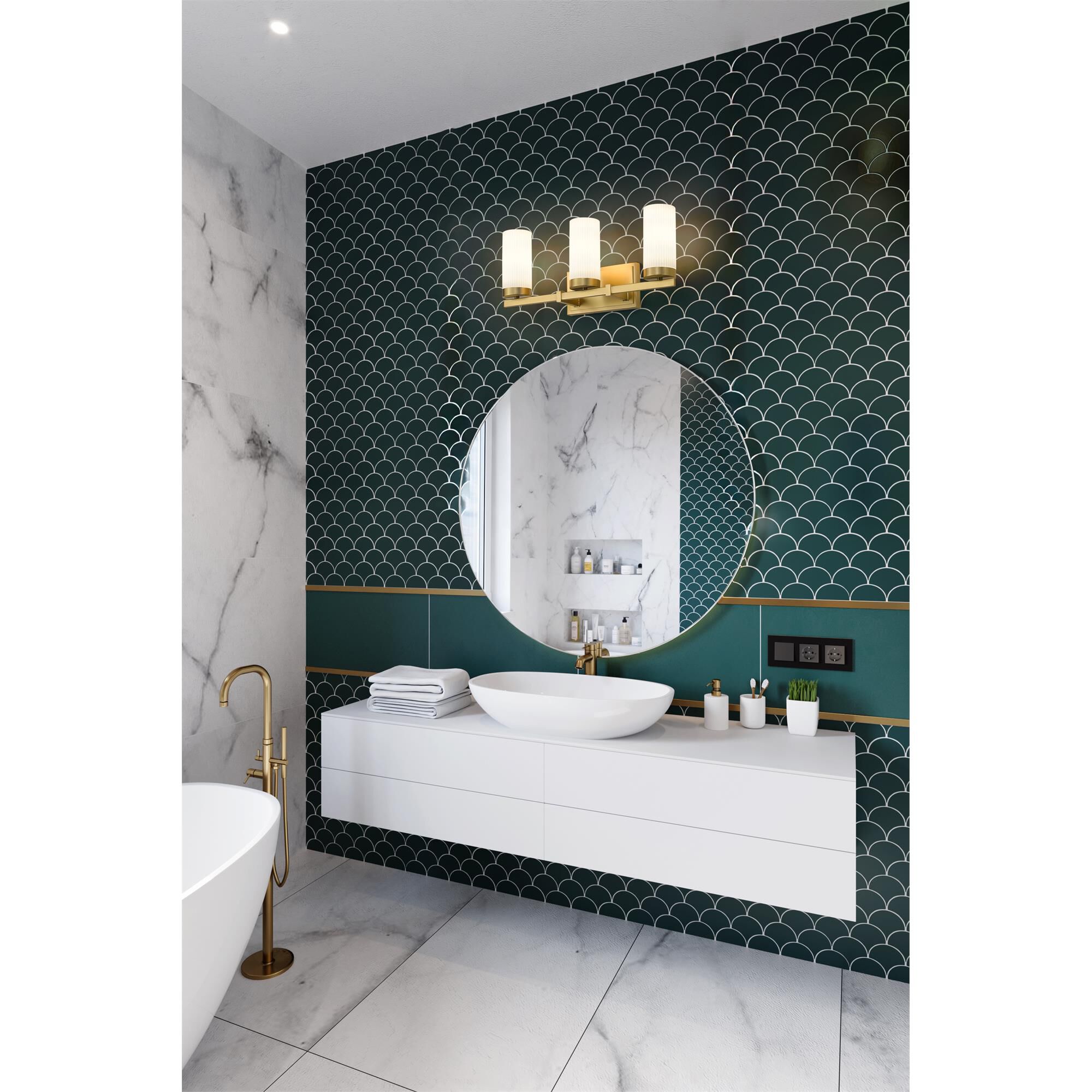 Shown in Modern Gold finish and White glass and White shade