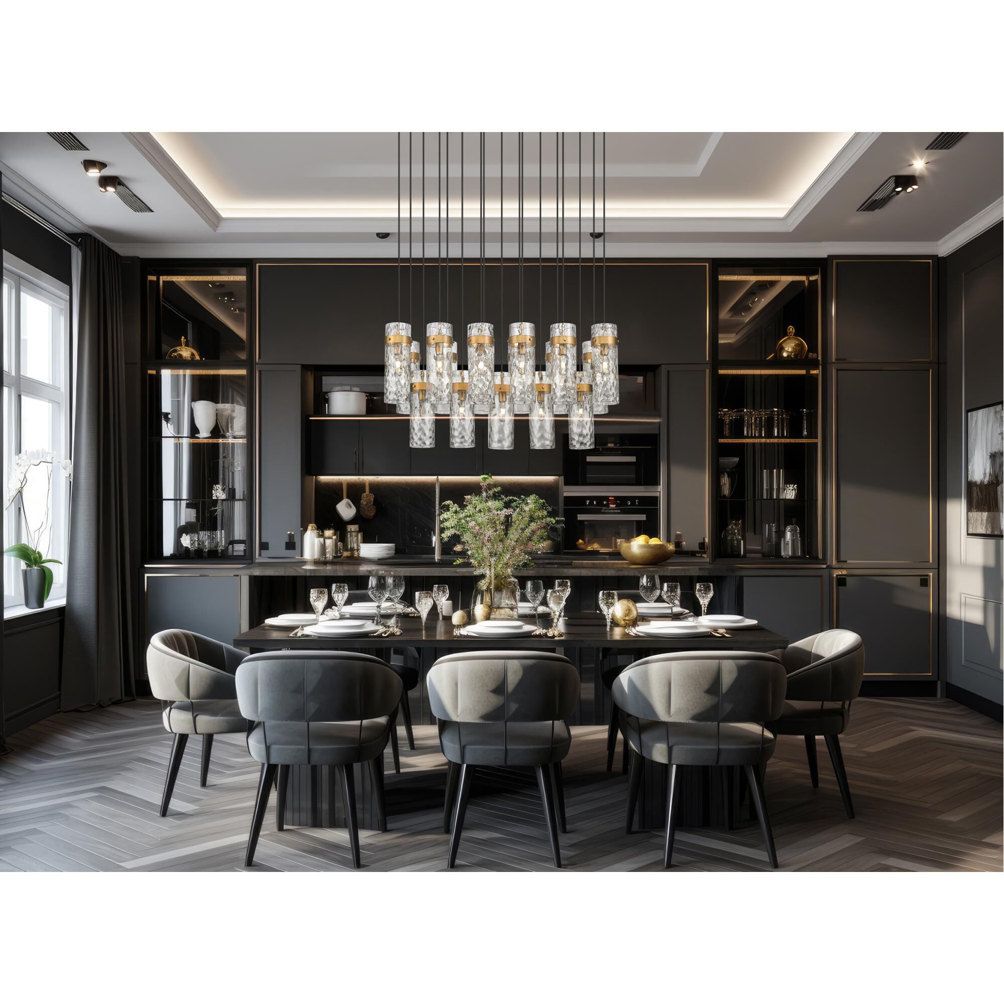 Shown in Rubbed Brass finish and Clear Water glass and Clear Water shade