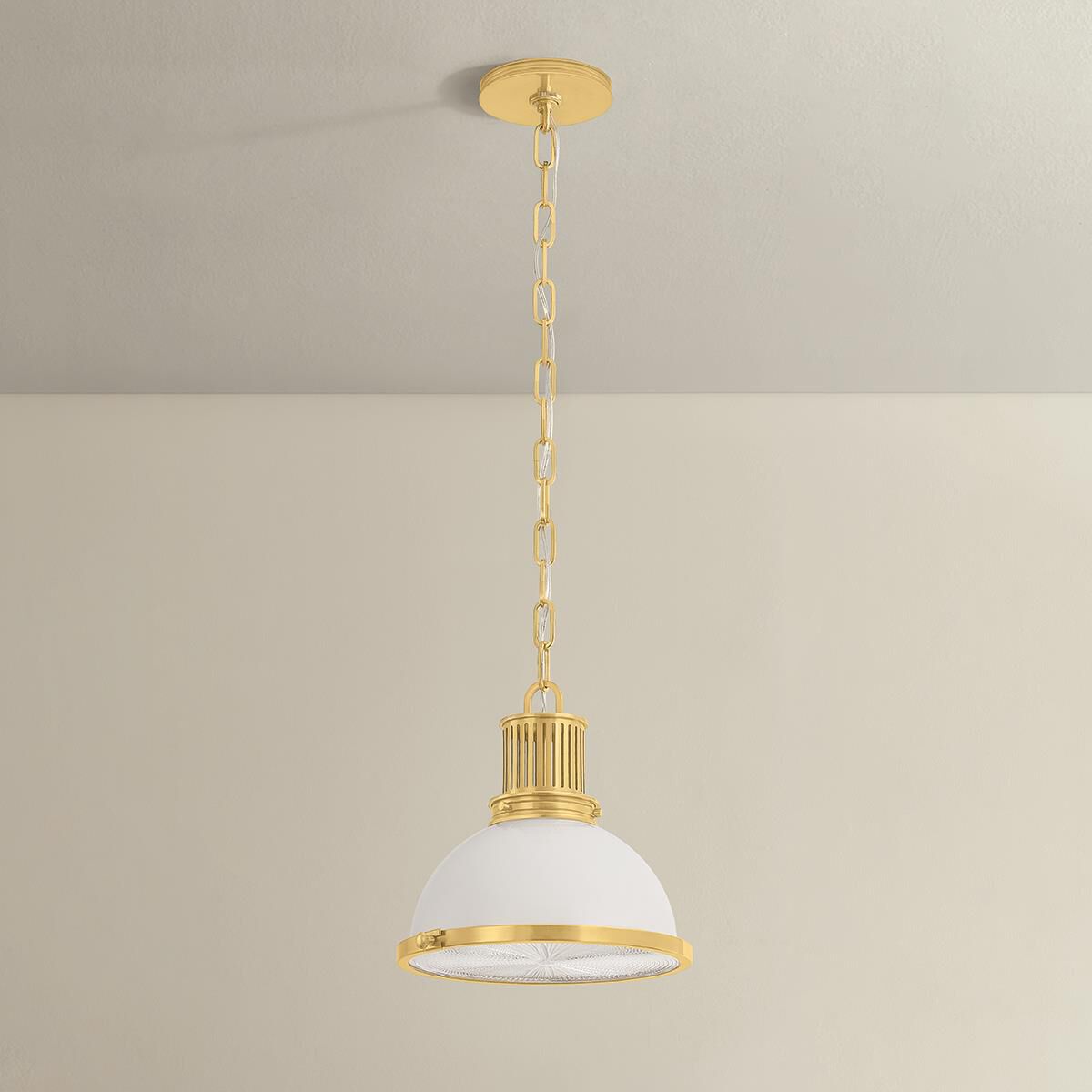 Shown in Aged Brass finish and Opal Glossy glass