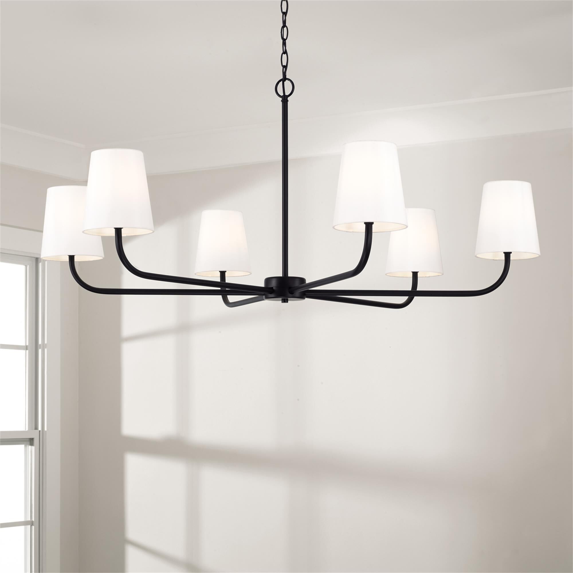 Shown in Matte Black finish and White Fabric Stay-Straight shade