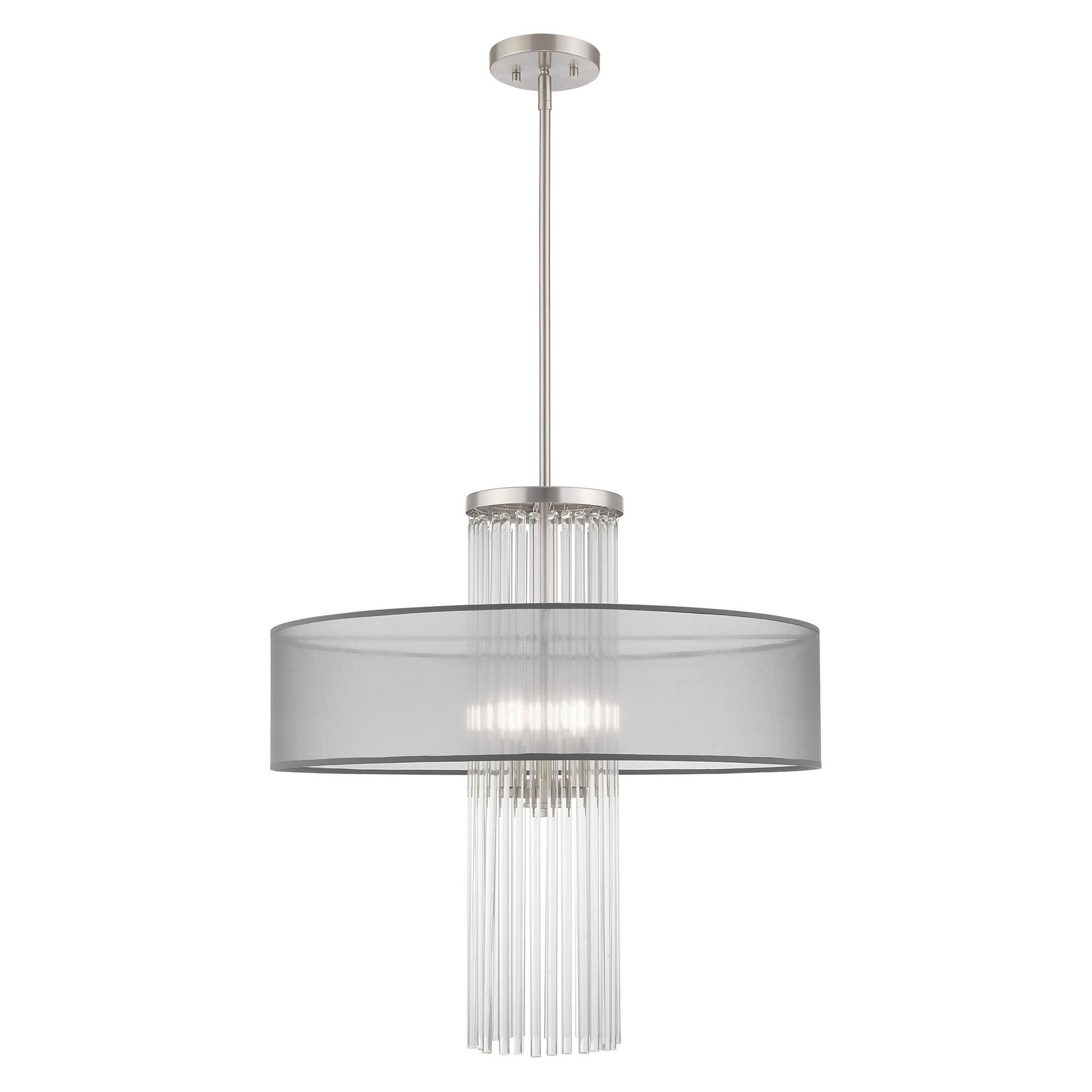 Shown in Brushed Nickel finish and Clear Crystal Rods with Hand Crafted Translucent Gray Fabric shade