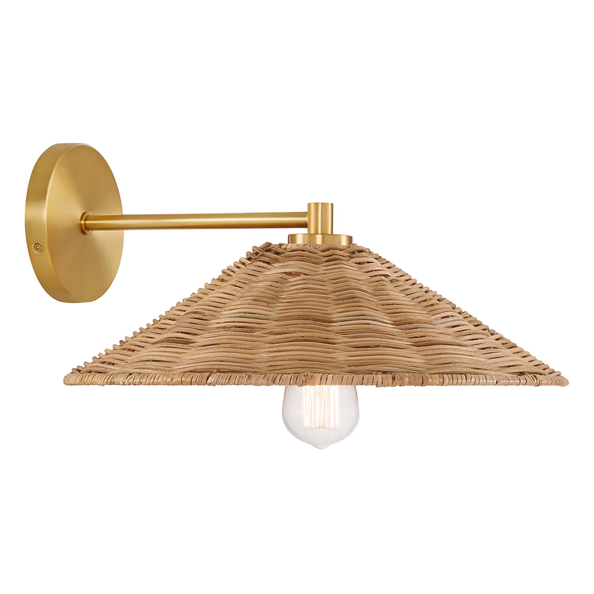 Shown in Natural Brass finish and Natural Rattan shade
