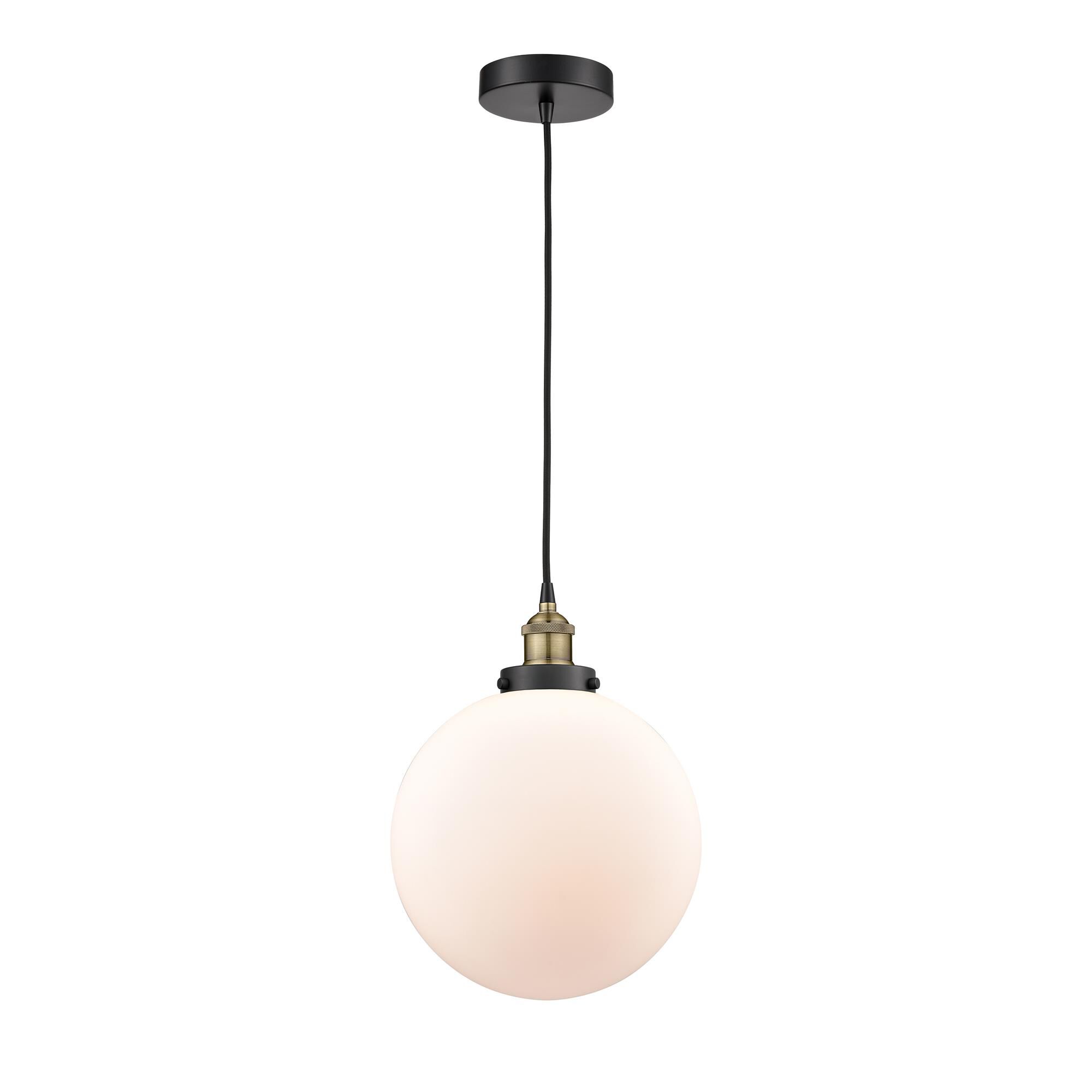 Shown in Black Antique Brass finish and Matte White glass
