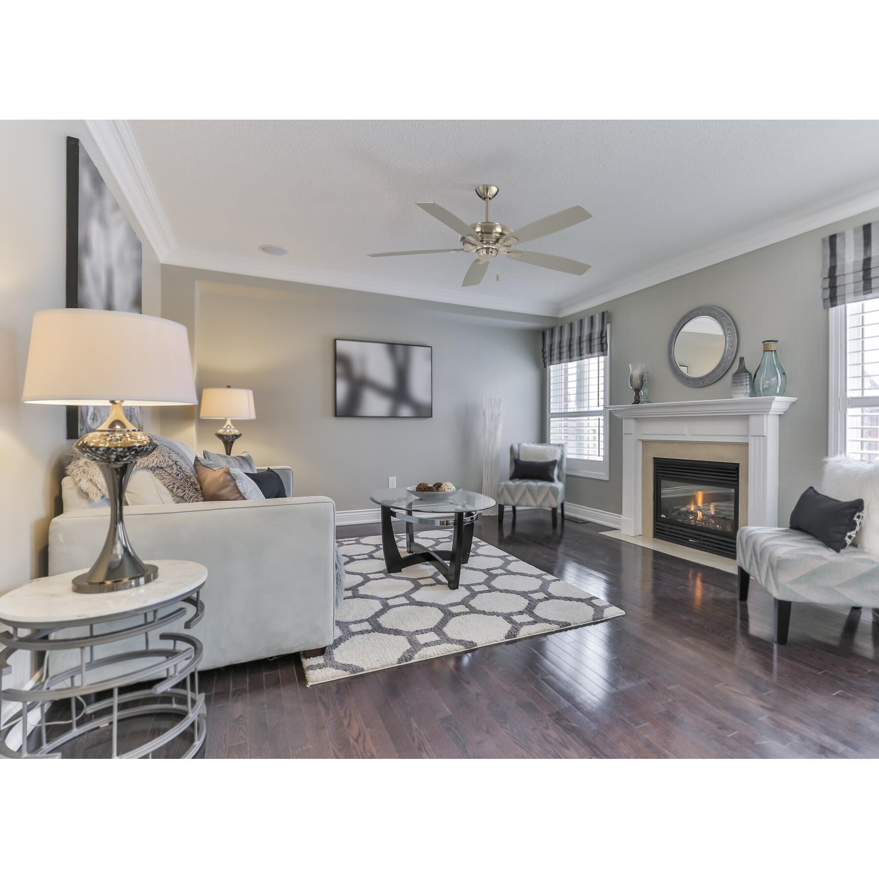 Shown in Brushed Nickel finish and Brushed Nickel glass and Fabric shade