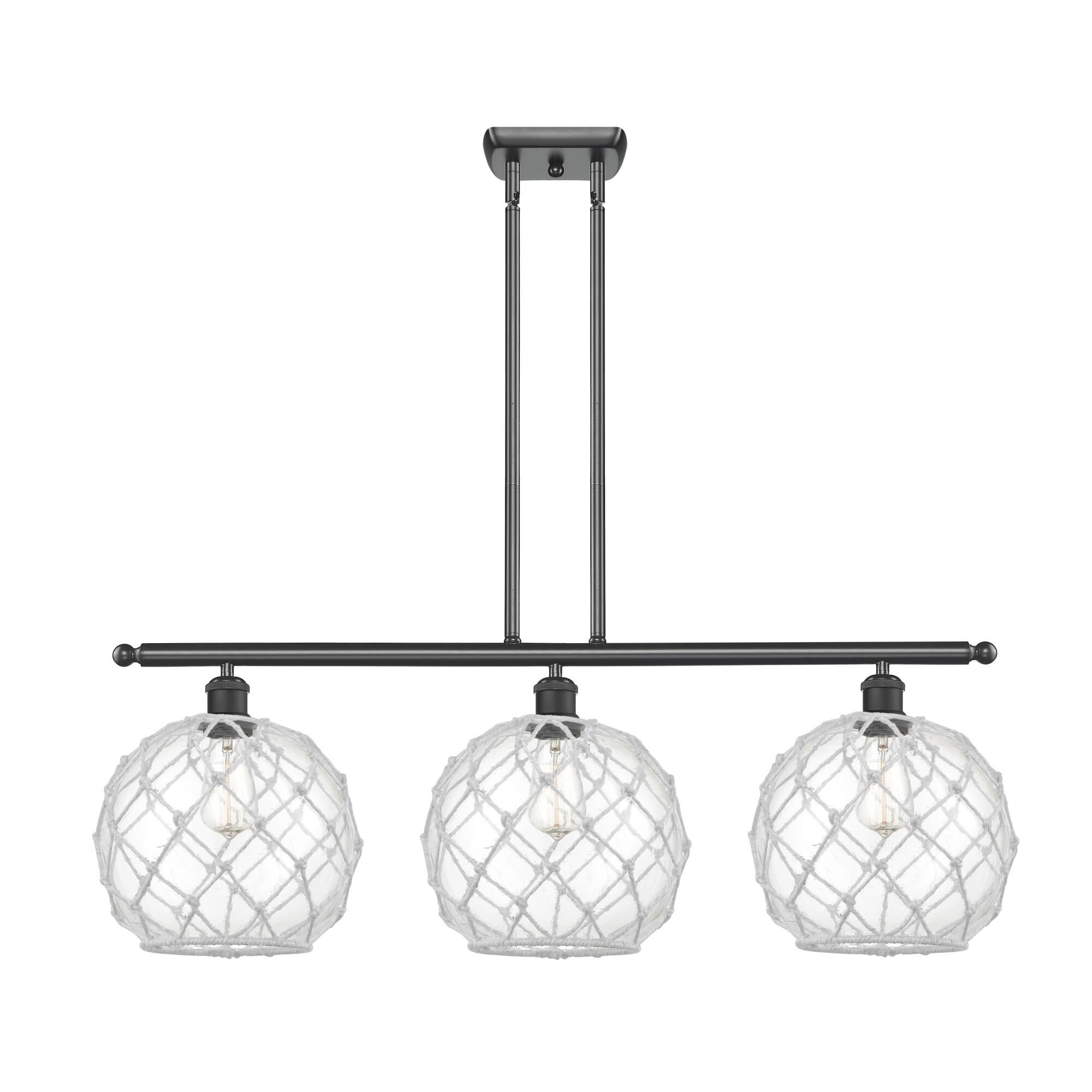 Shown in Matte Black finish and Sphere glass and Glass And Rope shade