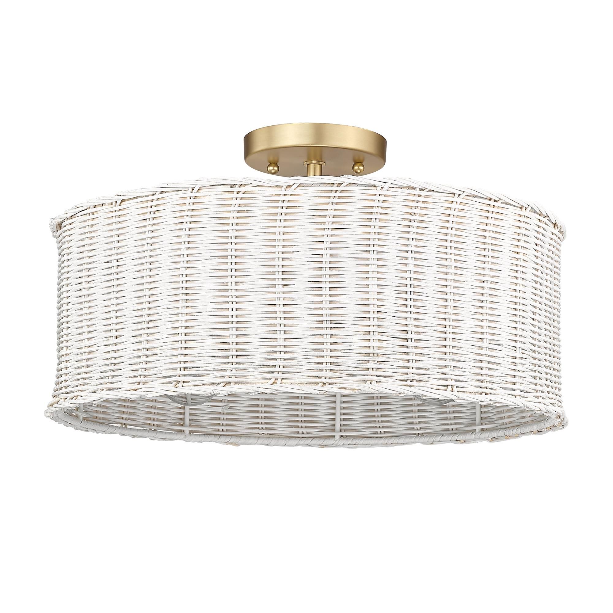 Shown in Brushed Champagne Bronze finish and White Wicker shade