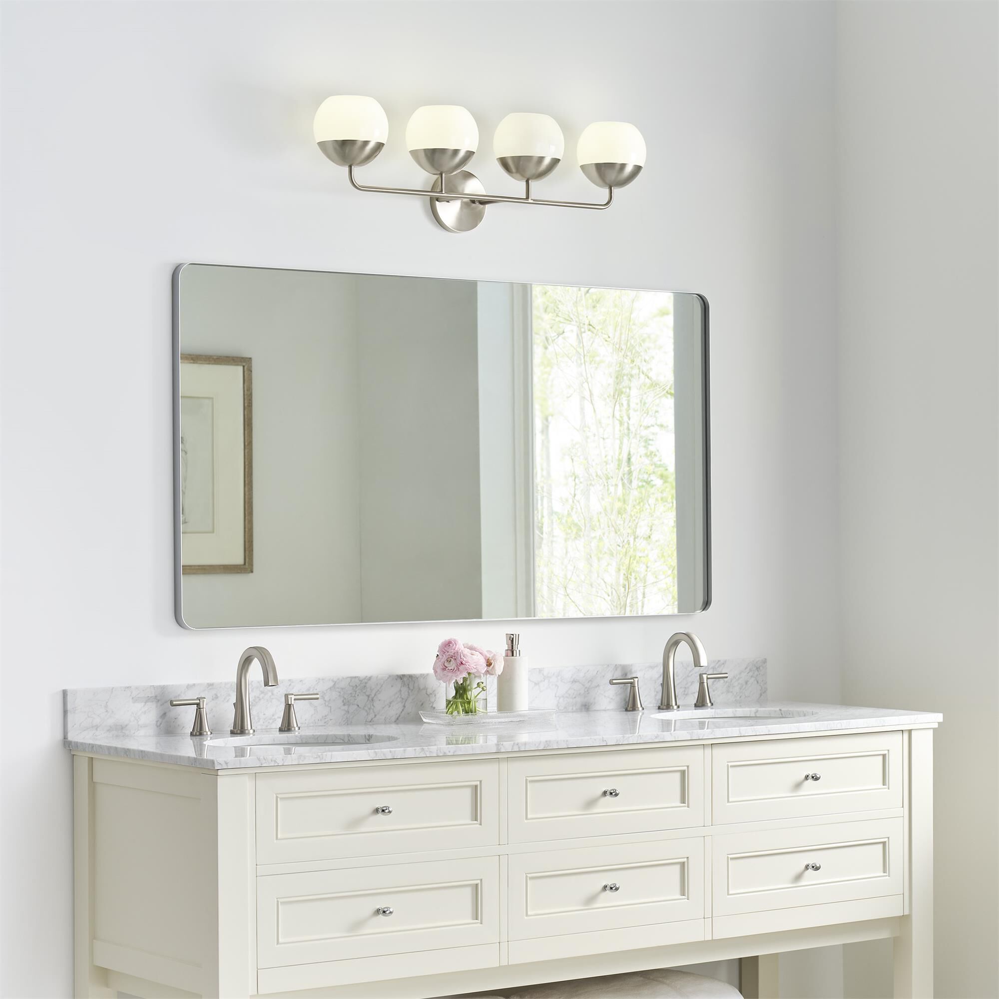 Shown in Brushed Nickel Silver finish and Milk glass