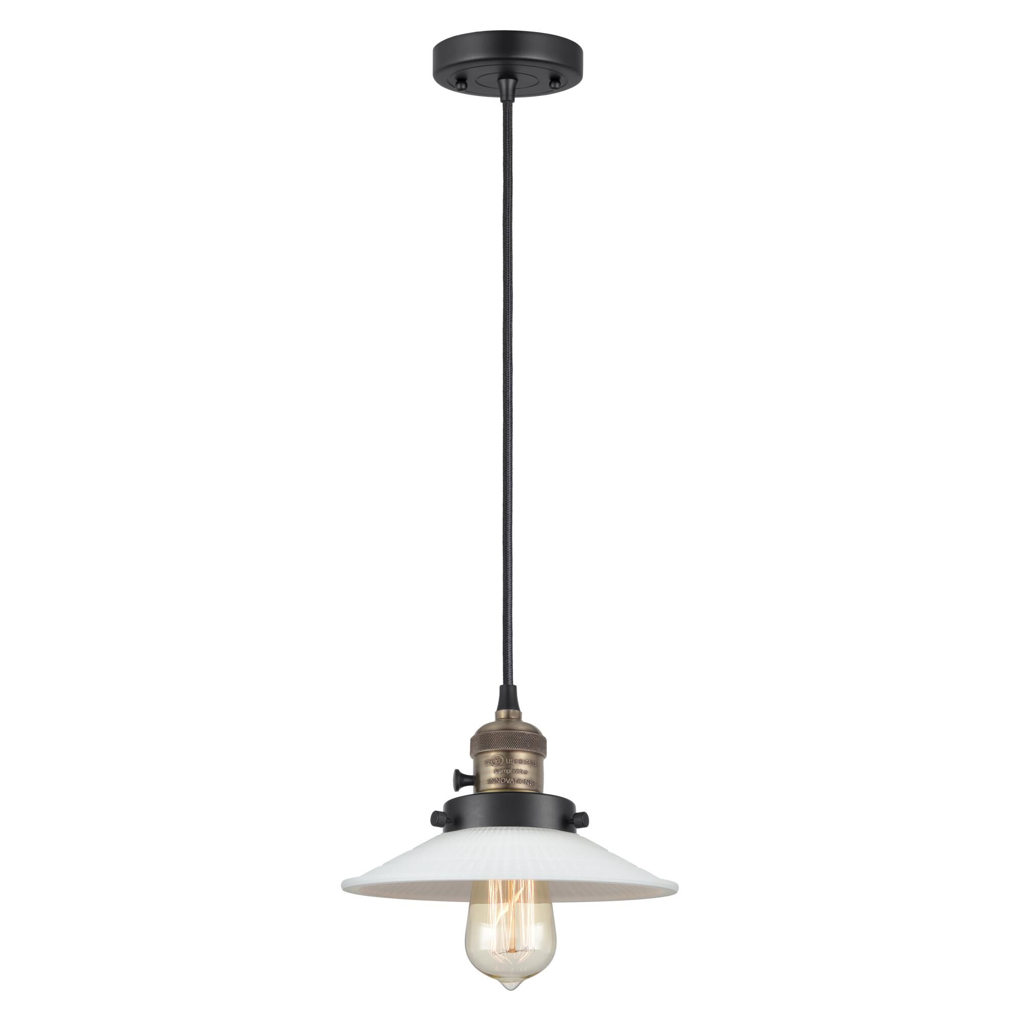 Shown in Black Antique Brass finish and Matte White glass