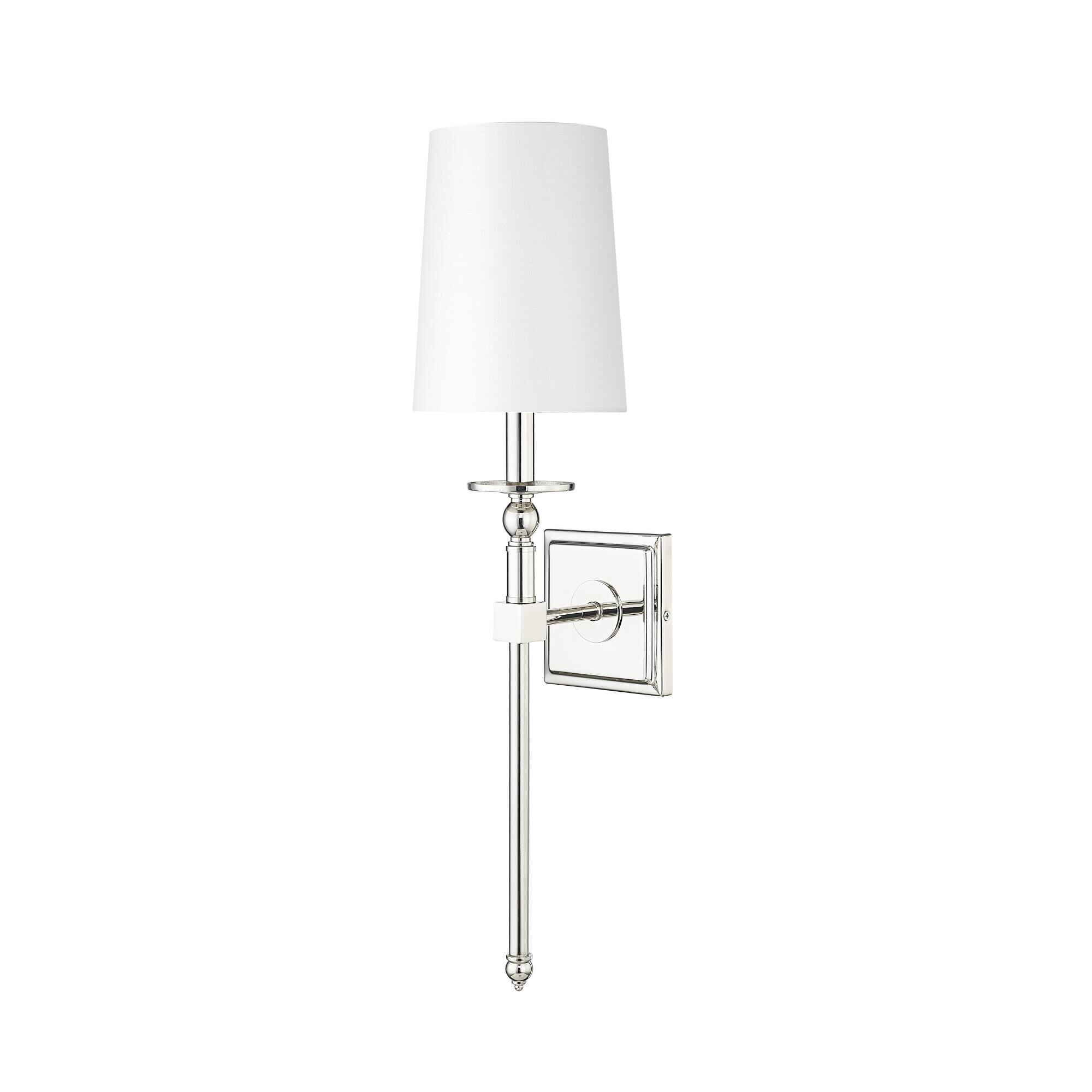Shown in Polished Nickel finish and White Linen shade