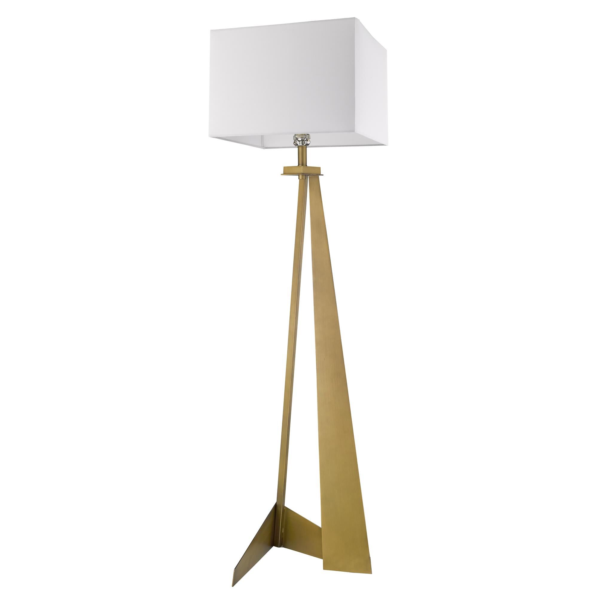 Shown in Aged Brass finish and White glass and White Linen Hardback shade