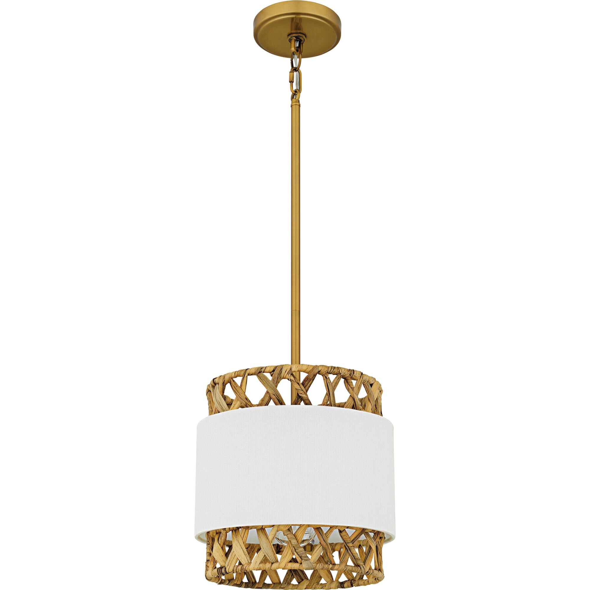 Shown in Brushed Gold finish and White Linen And Rattan shade