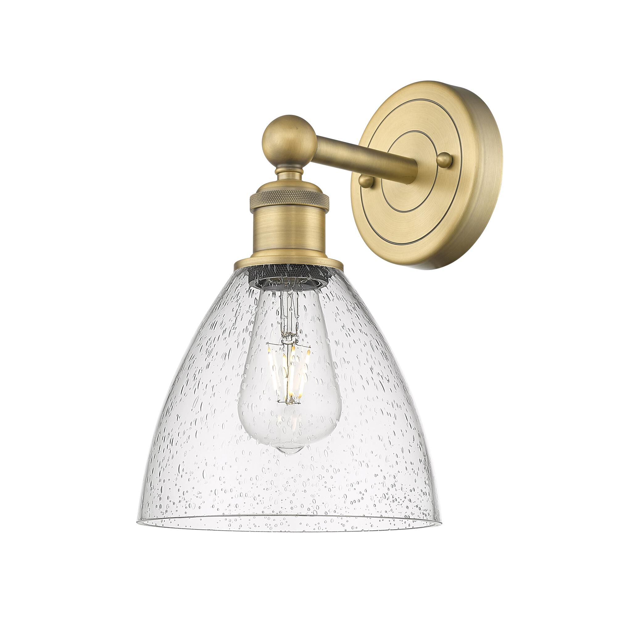 Shown in Brushed Brass finish and Seedy glass