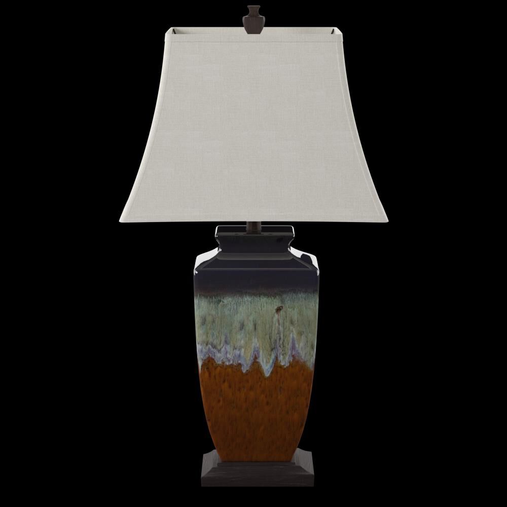 Shown in Brown And Turquoise finish and Cream Softback Fabric shade