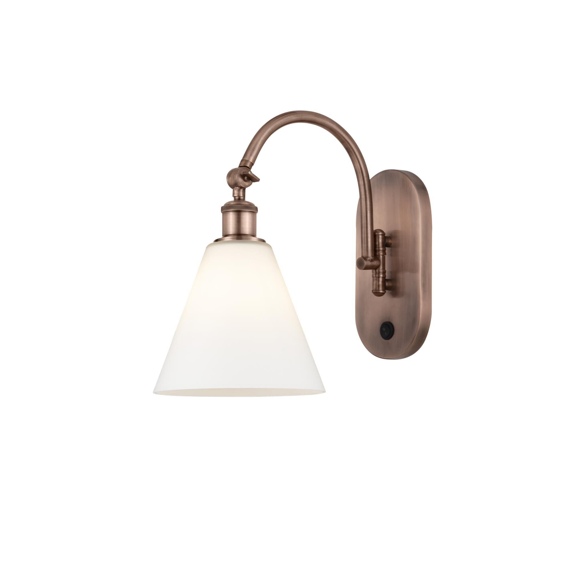 Shown in Antique Copper finish and Matte White glass