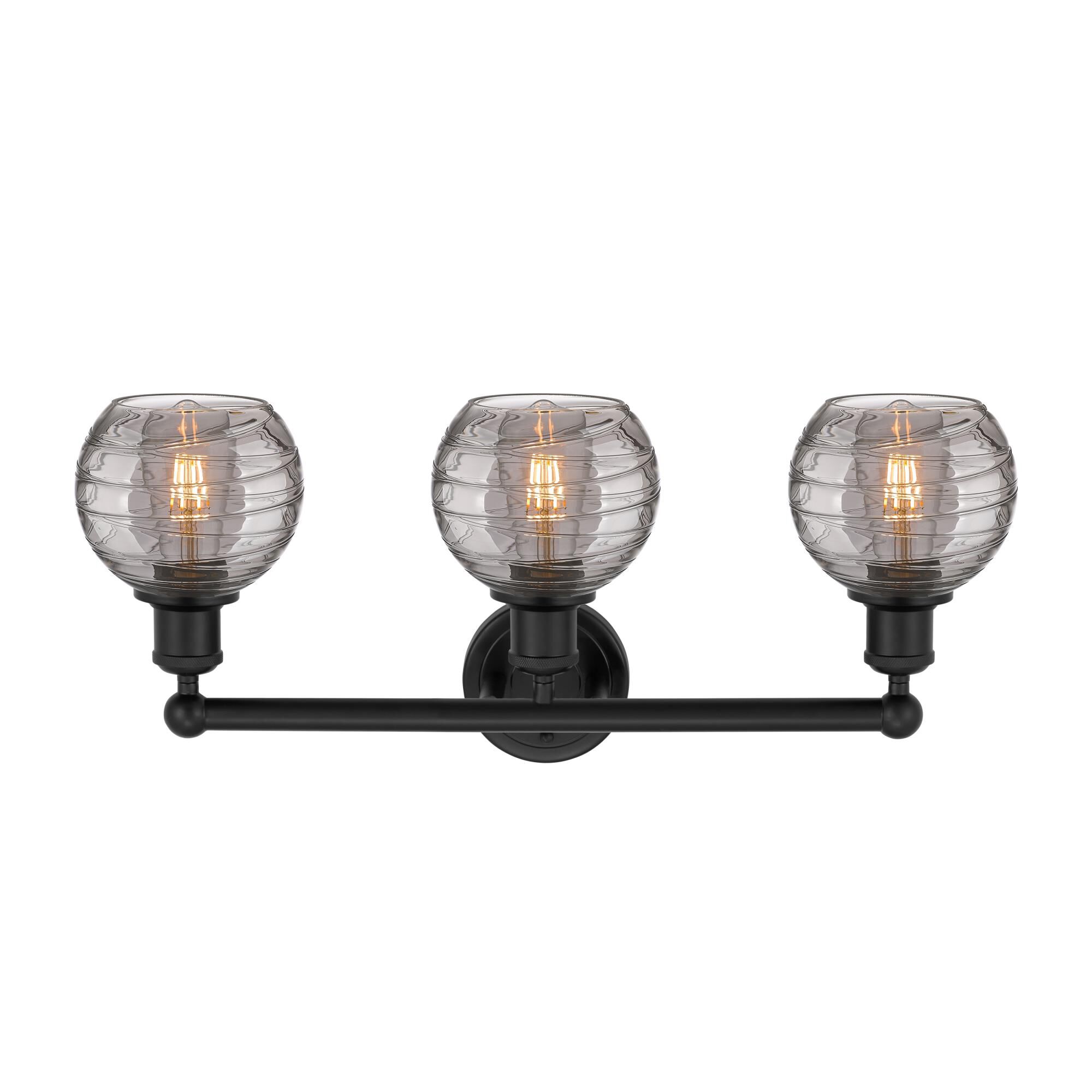 Shown in Matte Black finish and Light Smoke Deco Swirl glass