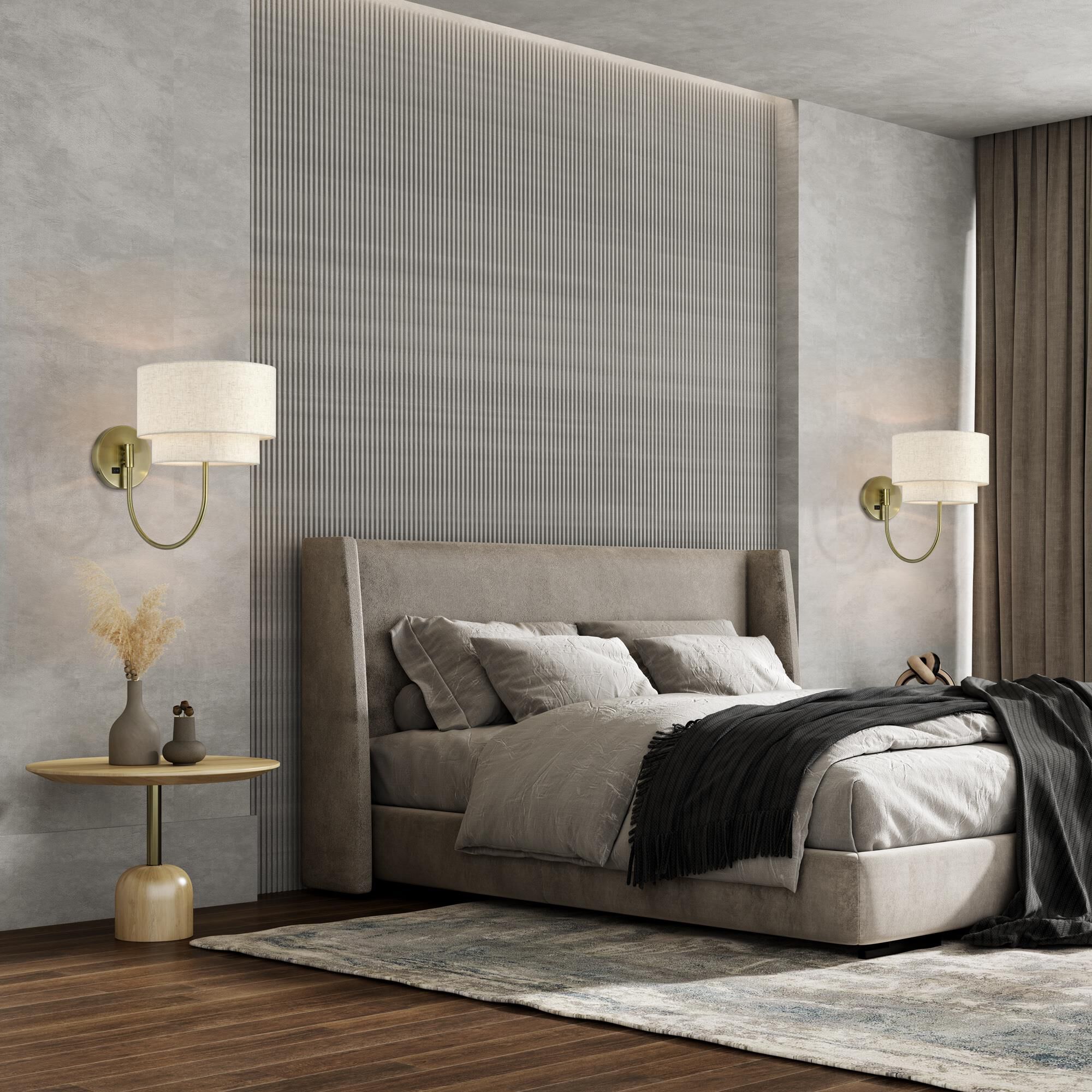 Shown in Antique Brass finish and Hand Crafted Oatmeal Color Fabric with White Color Inside shade