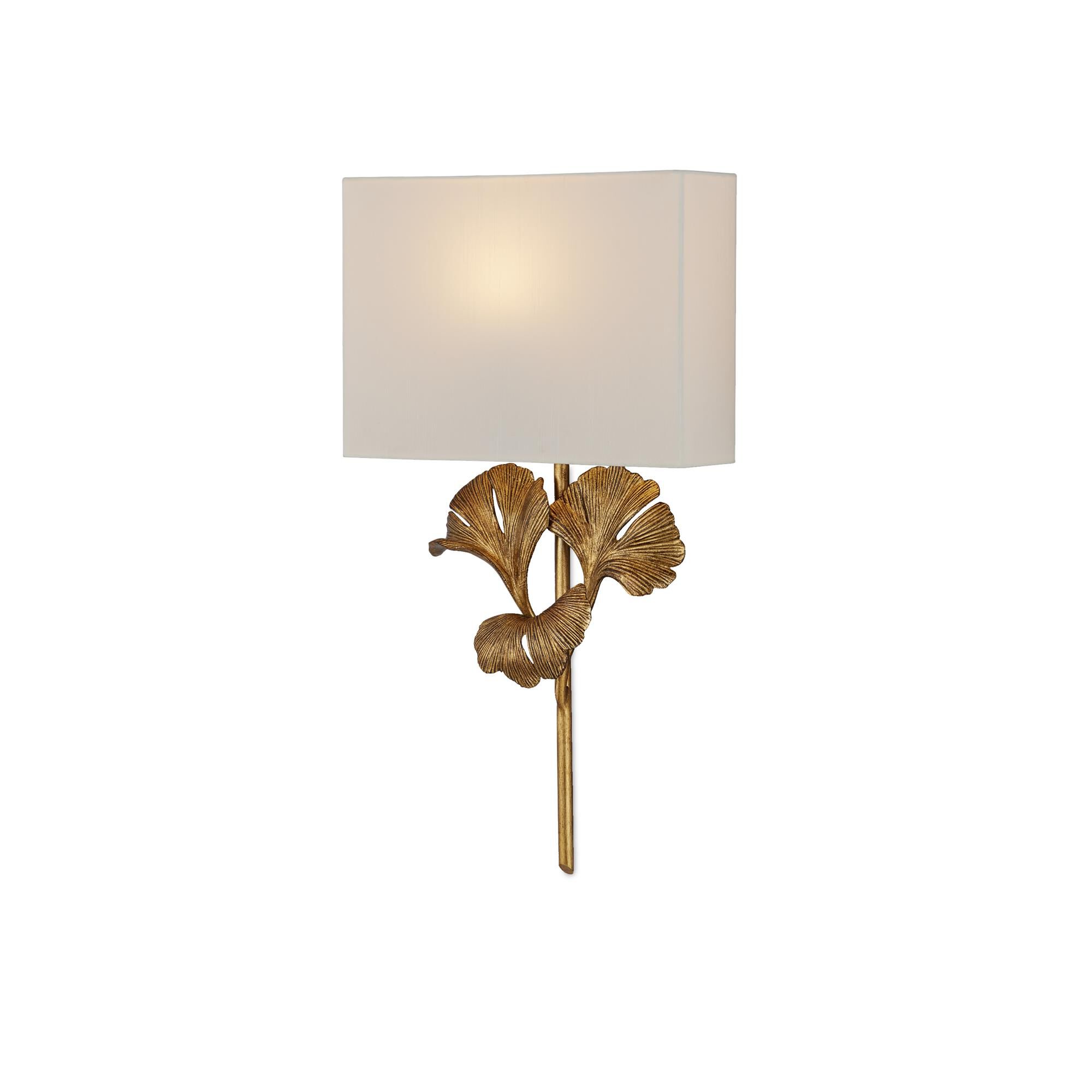 Shown in Chinois Antique Gold Leaf finish and Off White Shantung shade