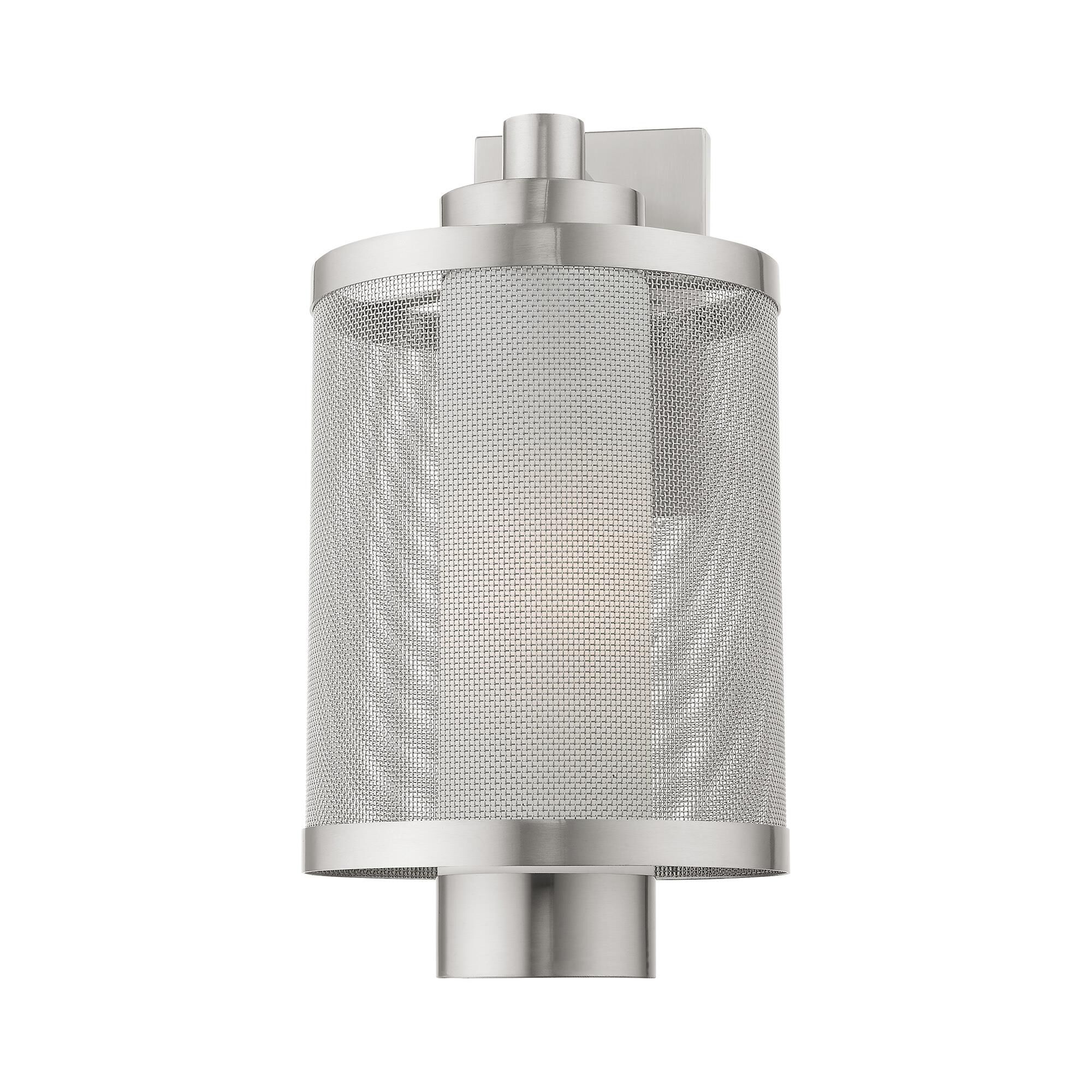 Shown in Brushed Nickel finish and Brushed Nickel Stainless Steel Mesh With Satin Opal White glass and Brushed Nickel Stainless Steel Mesh With Satin Opal White Glass shade