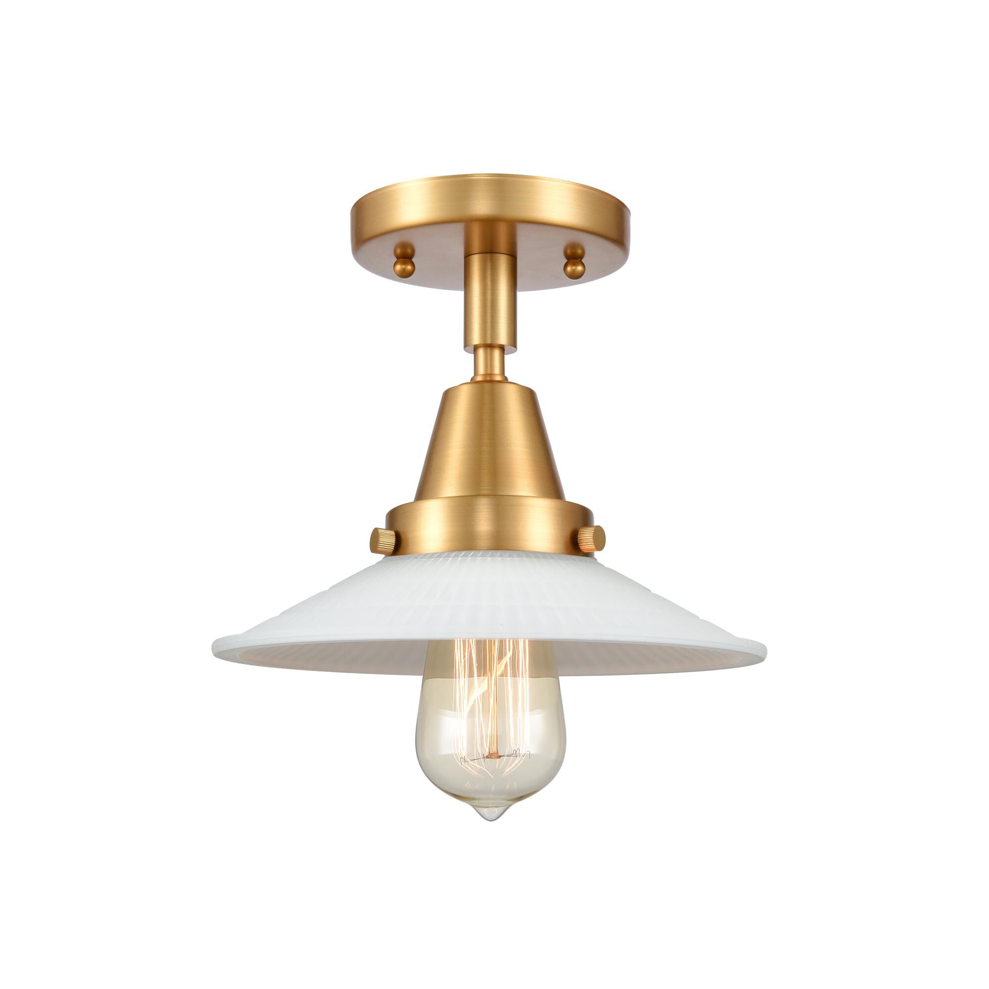 Shown in Satin Gold finish and White Halophane glass