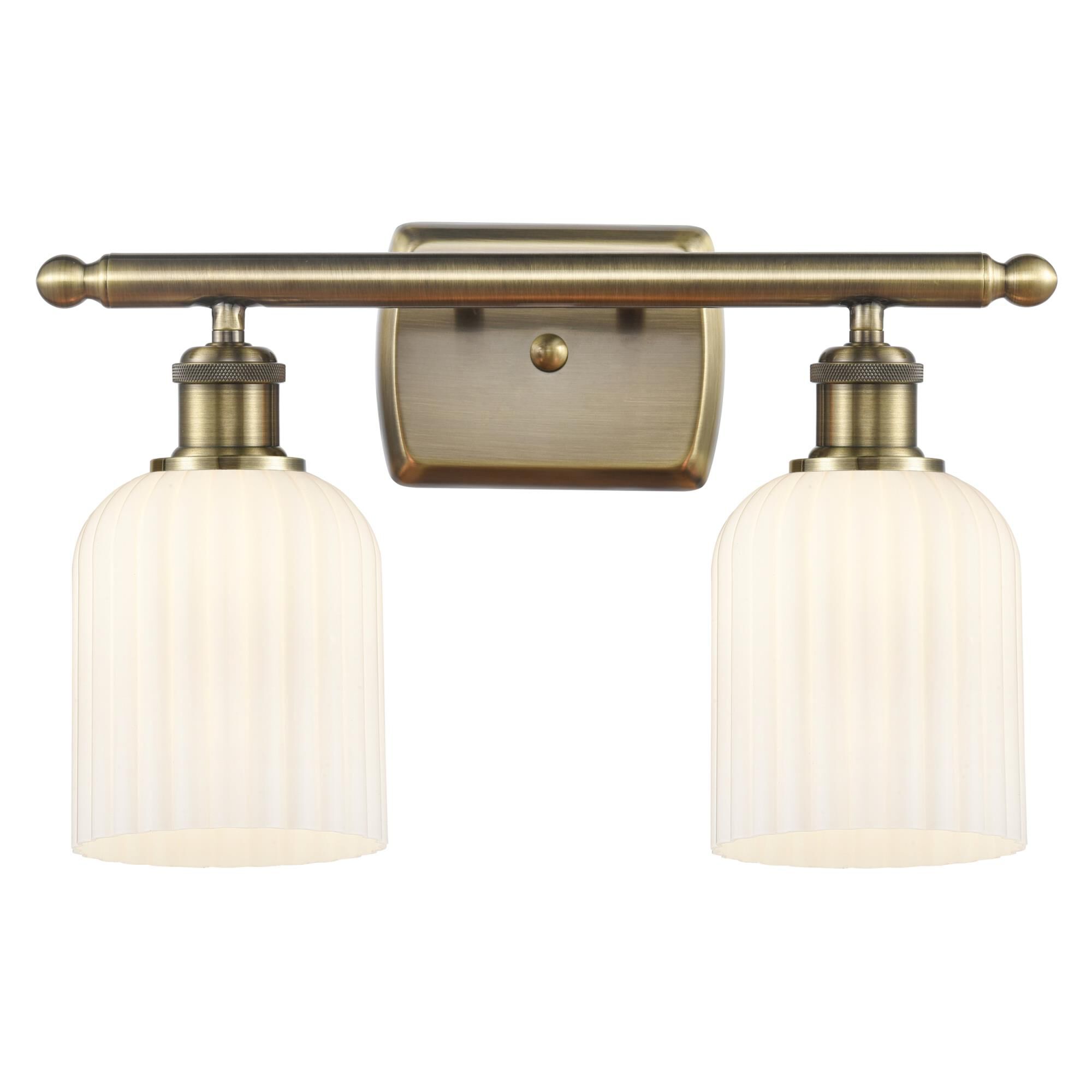 Shown in Antique Brass finish and Gloss White shade