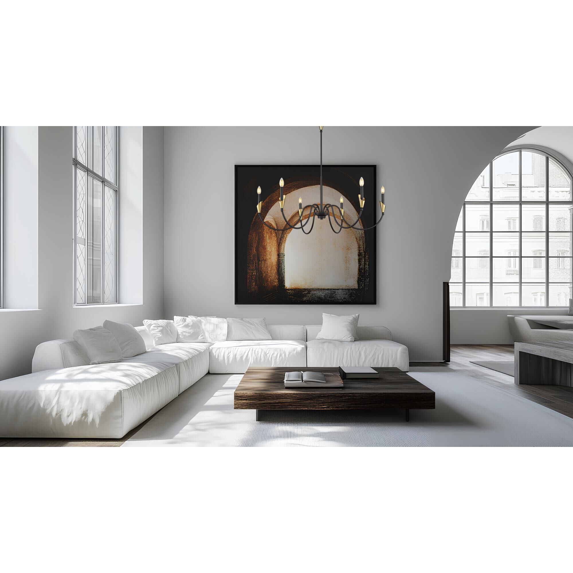 Shown in Matte Black And Modern Gold finish and White glass and White shade