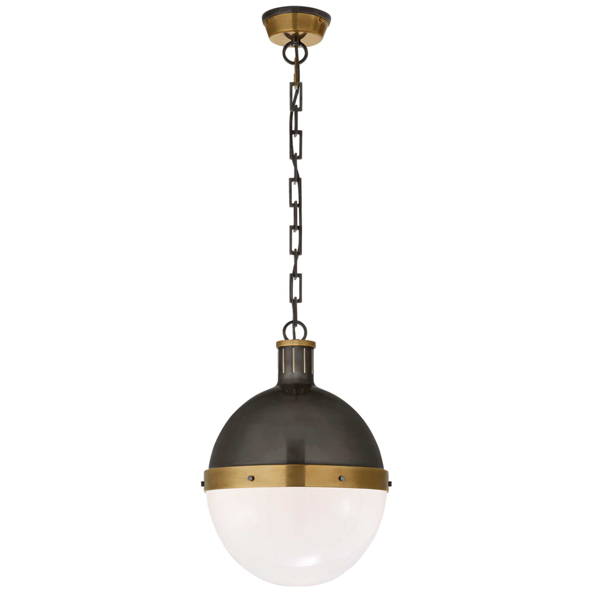 Shown in Bronze With Antique Brass finish and White glass