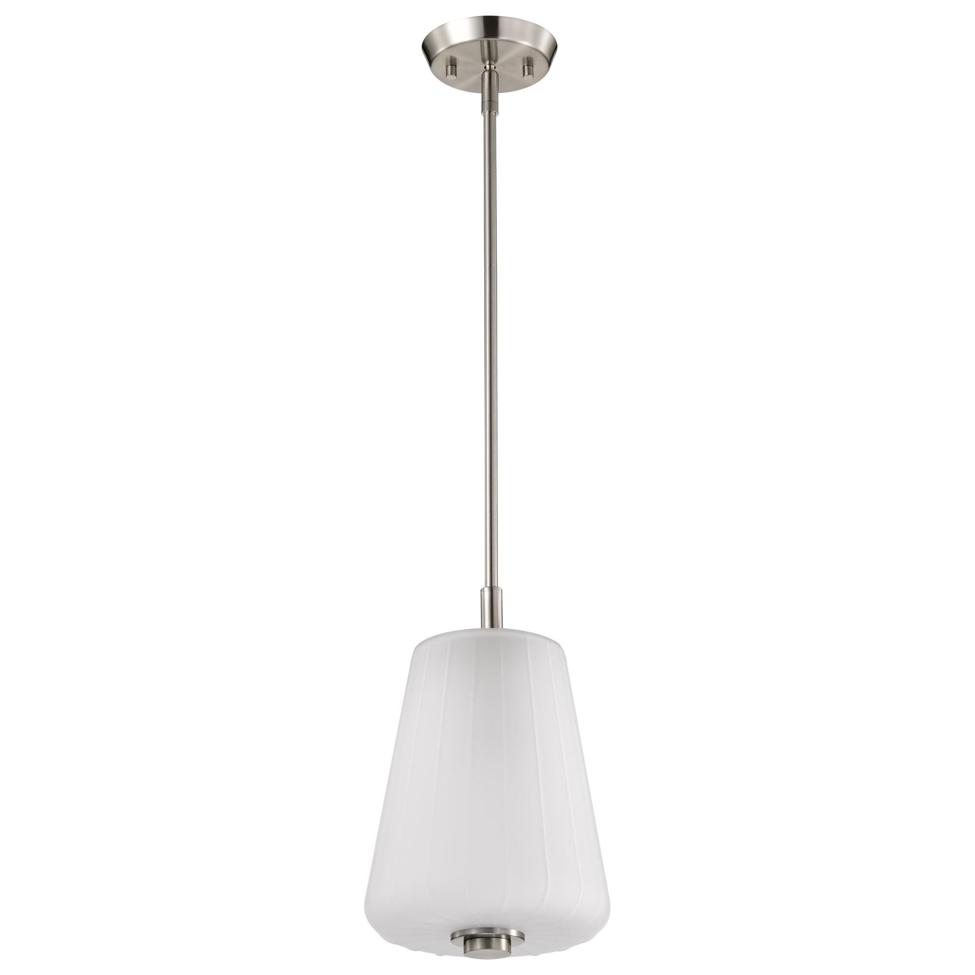 Shown in Brushed Nickel finish and Etched White glass