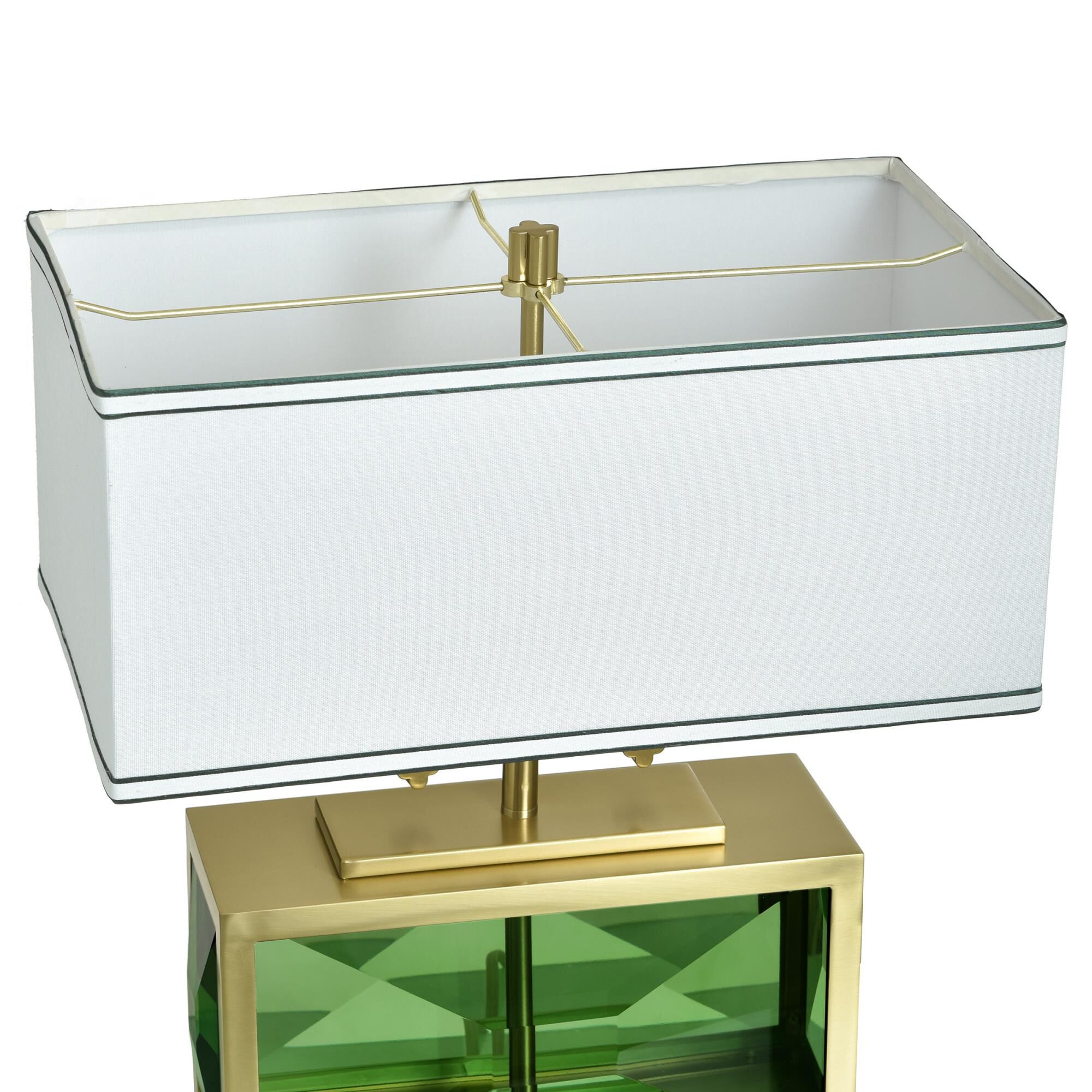 Shown in Polished Brass and Green finish and Off-White With Dark Green Double-Lined Trim shade
