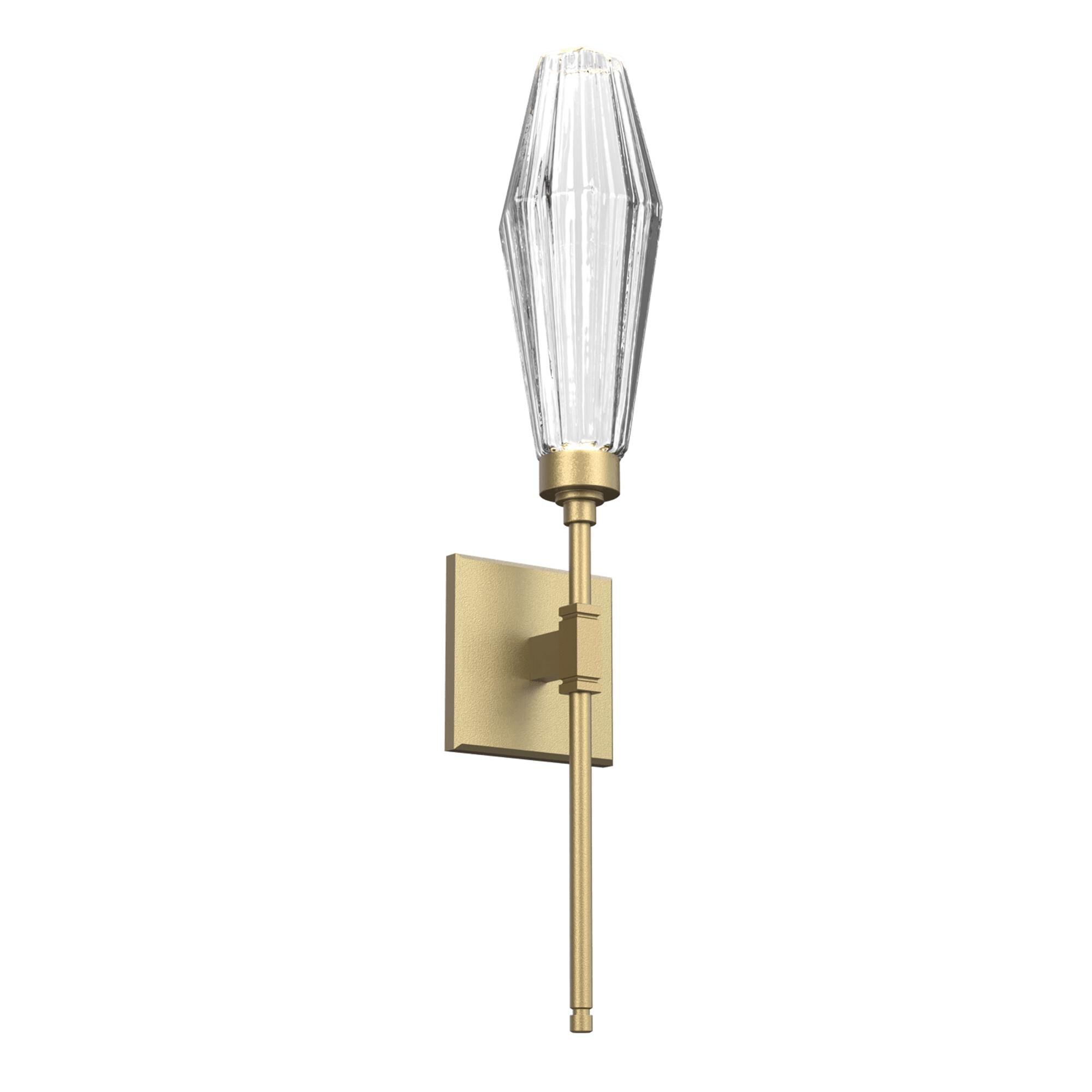 Shown in Gilded Brass finish and Optic Rib Clear glass