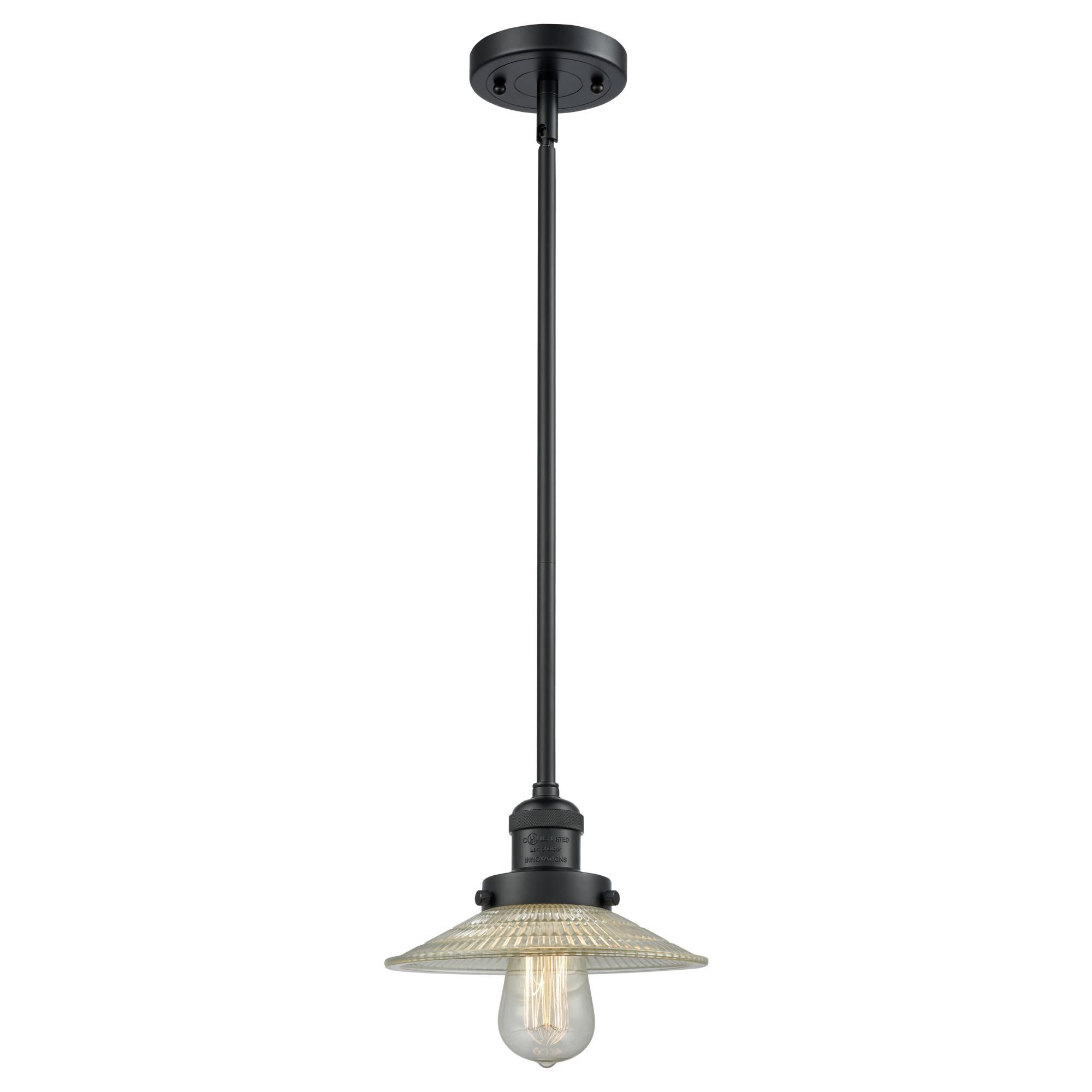 Shown in Matte Black finish and Clear Halophane glass