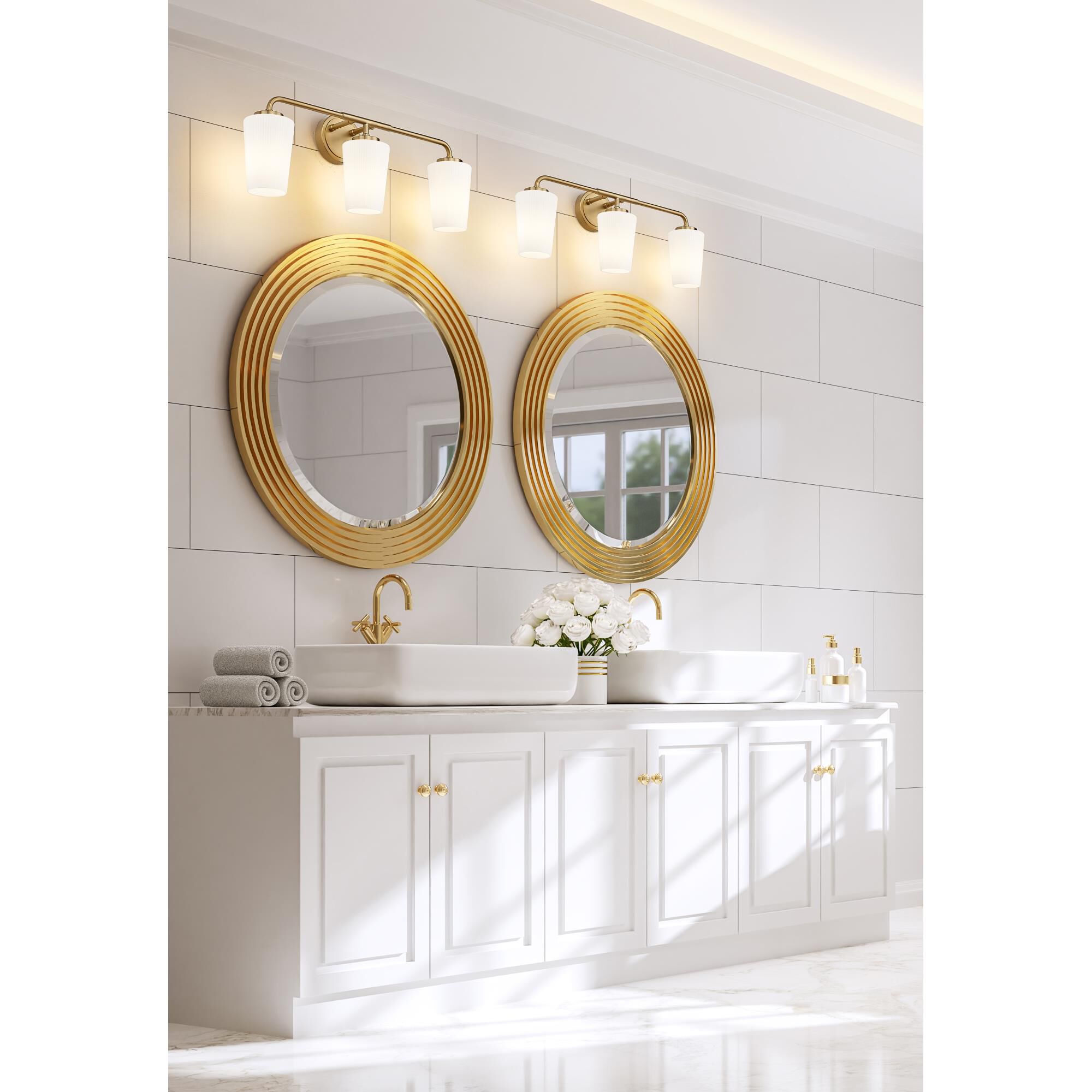 Shown in Modern Gold finish and Matte Opal glass and Matte Opal shade