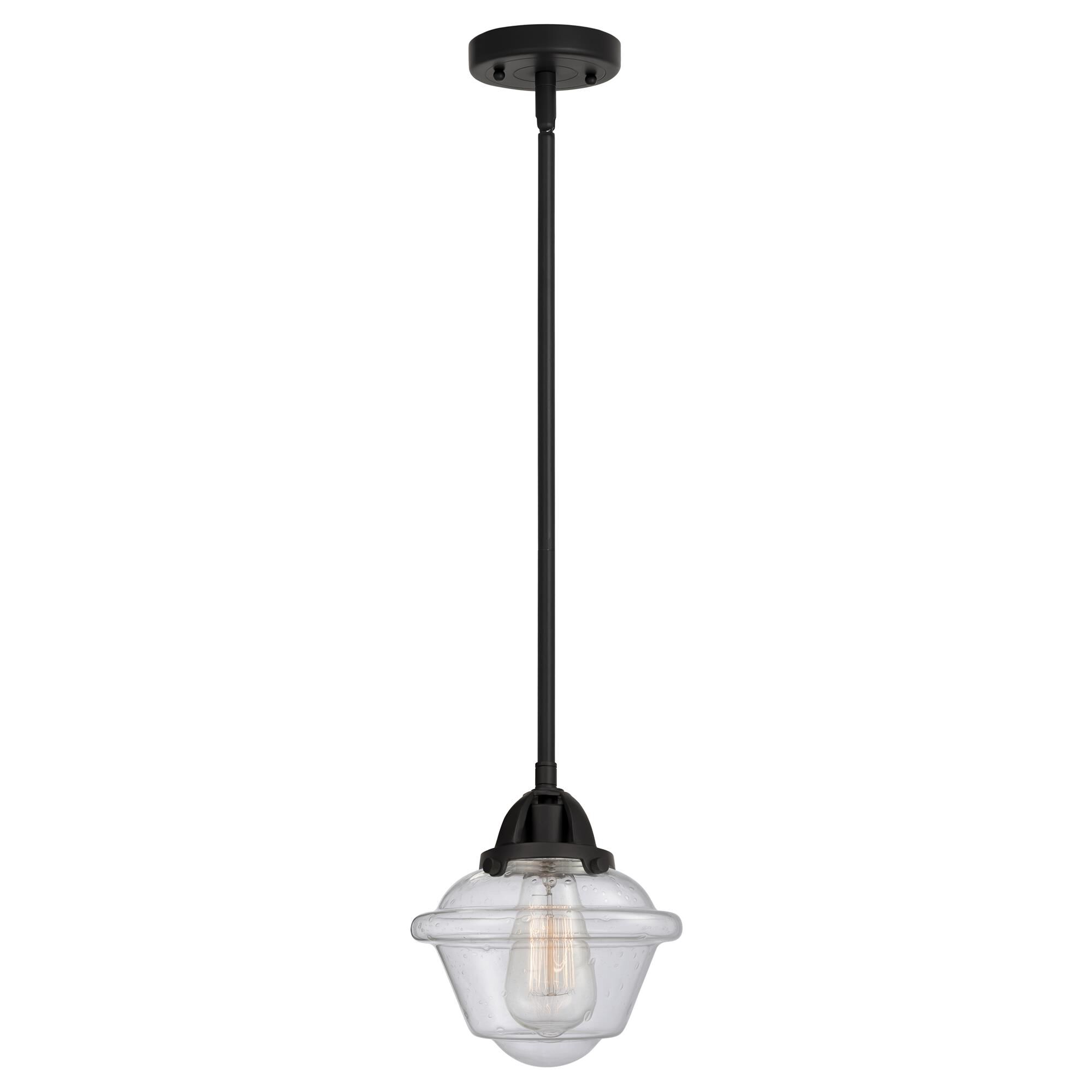 Shown in Matte Black finish and Seedy Small Oxford glass and No Shade shade