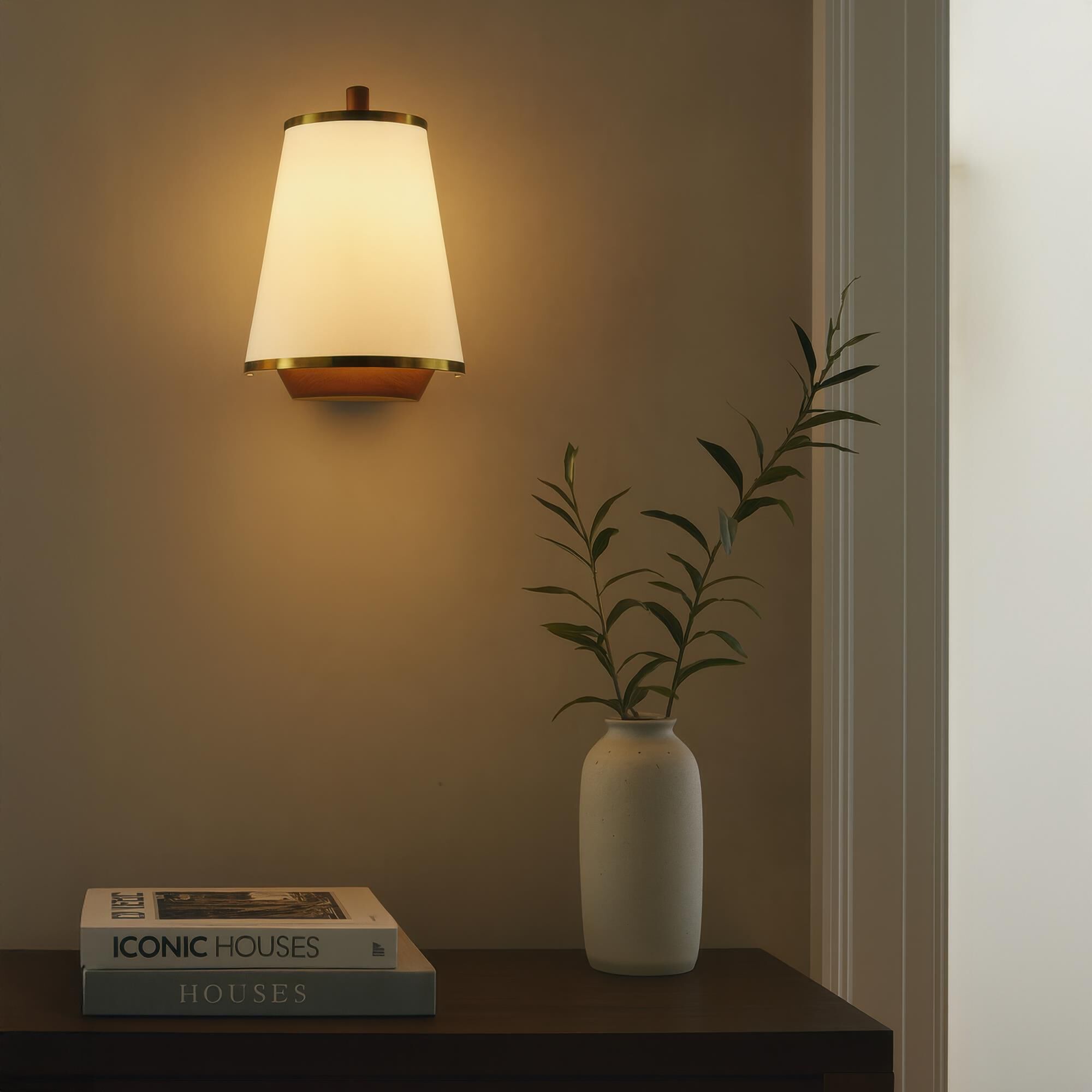 Shown in Brass, Natural and Brown finish and Off-White Linen shade