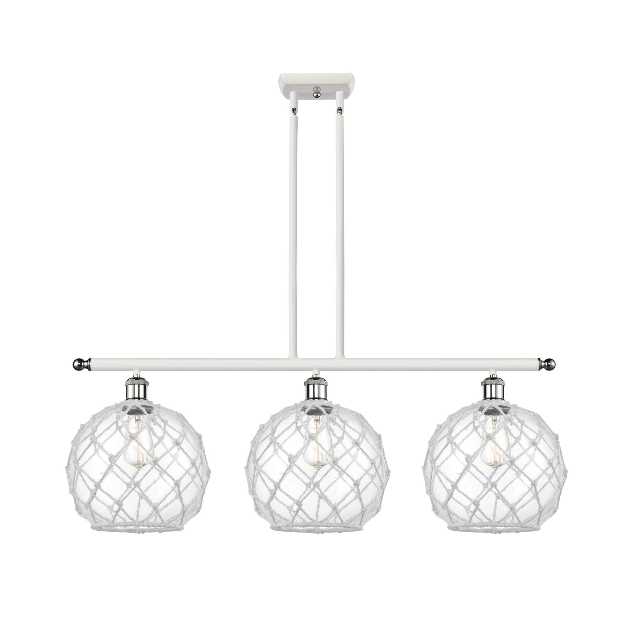 Shown in White And Polished Chrome finish and Sphere glass and Glass And Rope shade and Polished Chrome accent