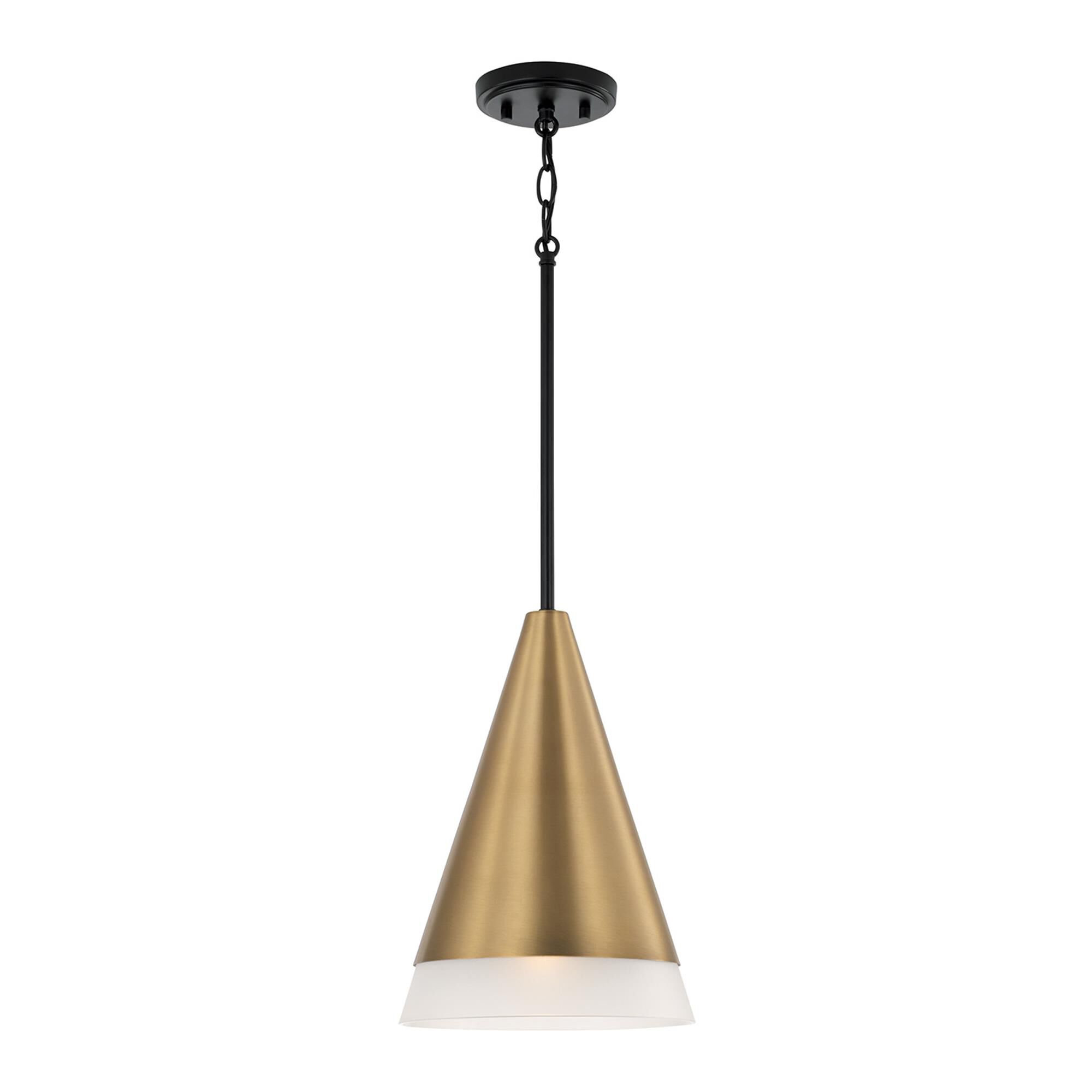 Shown in Aged Brass And Black finish and Frosted glass