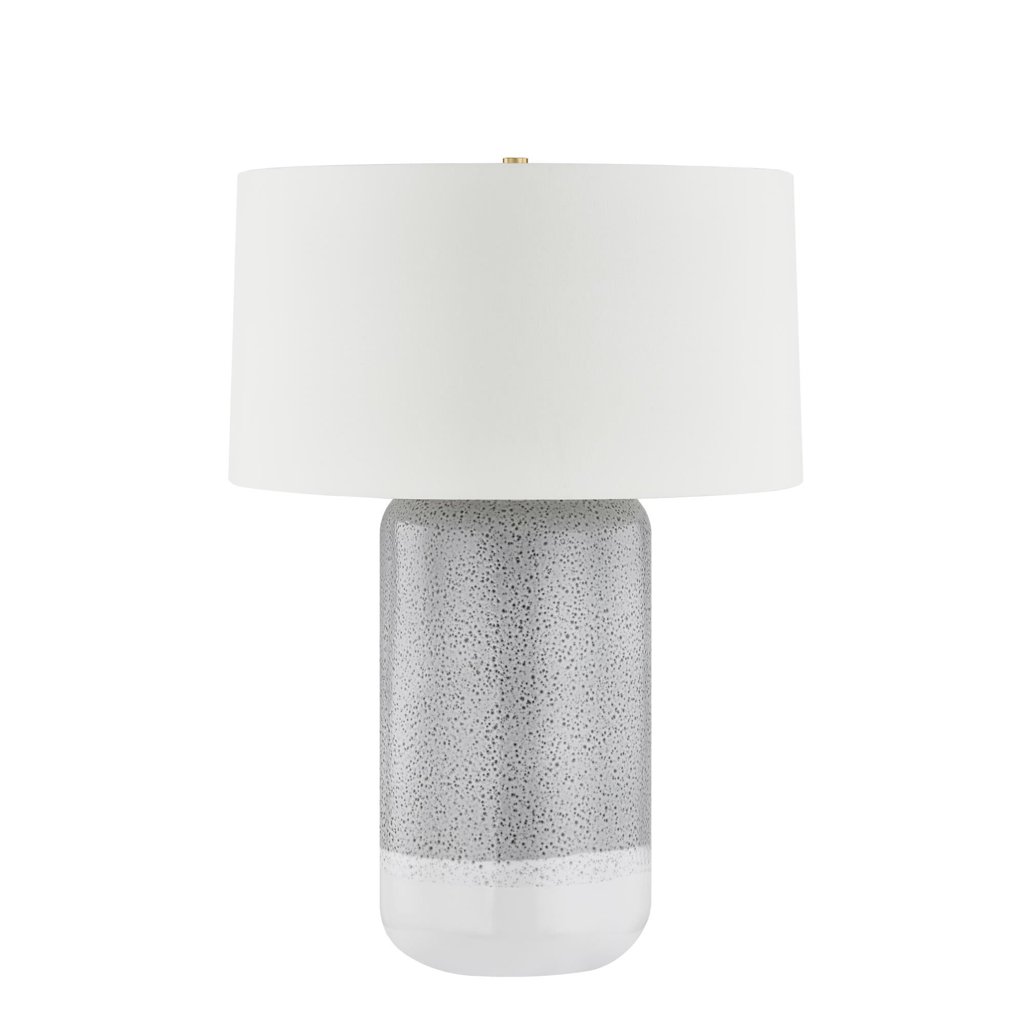 Shown in Aged Brass and Ceramic Blue Shore finish and White Linen shade
