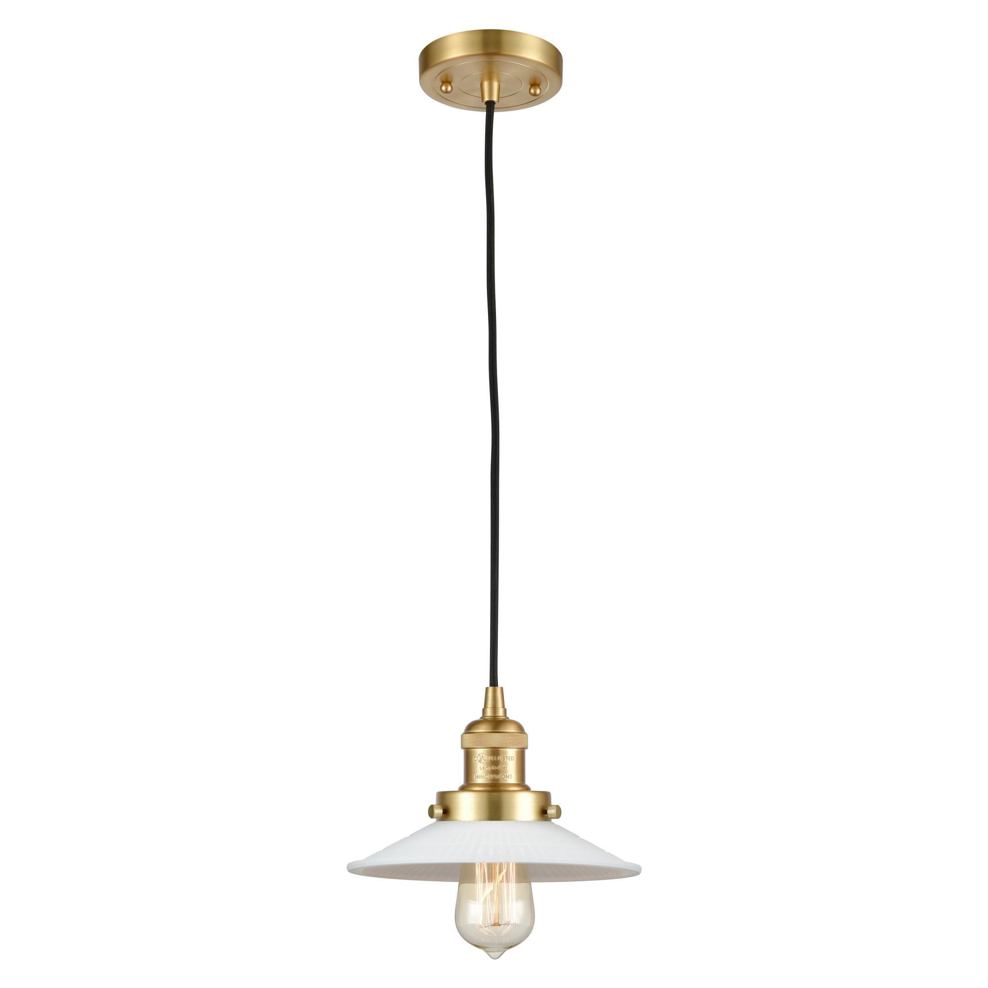 Shown in Satin Gold finish and White Halophane glass