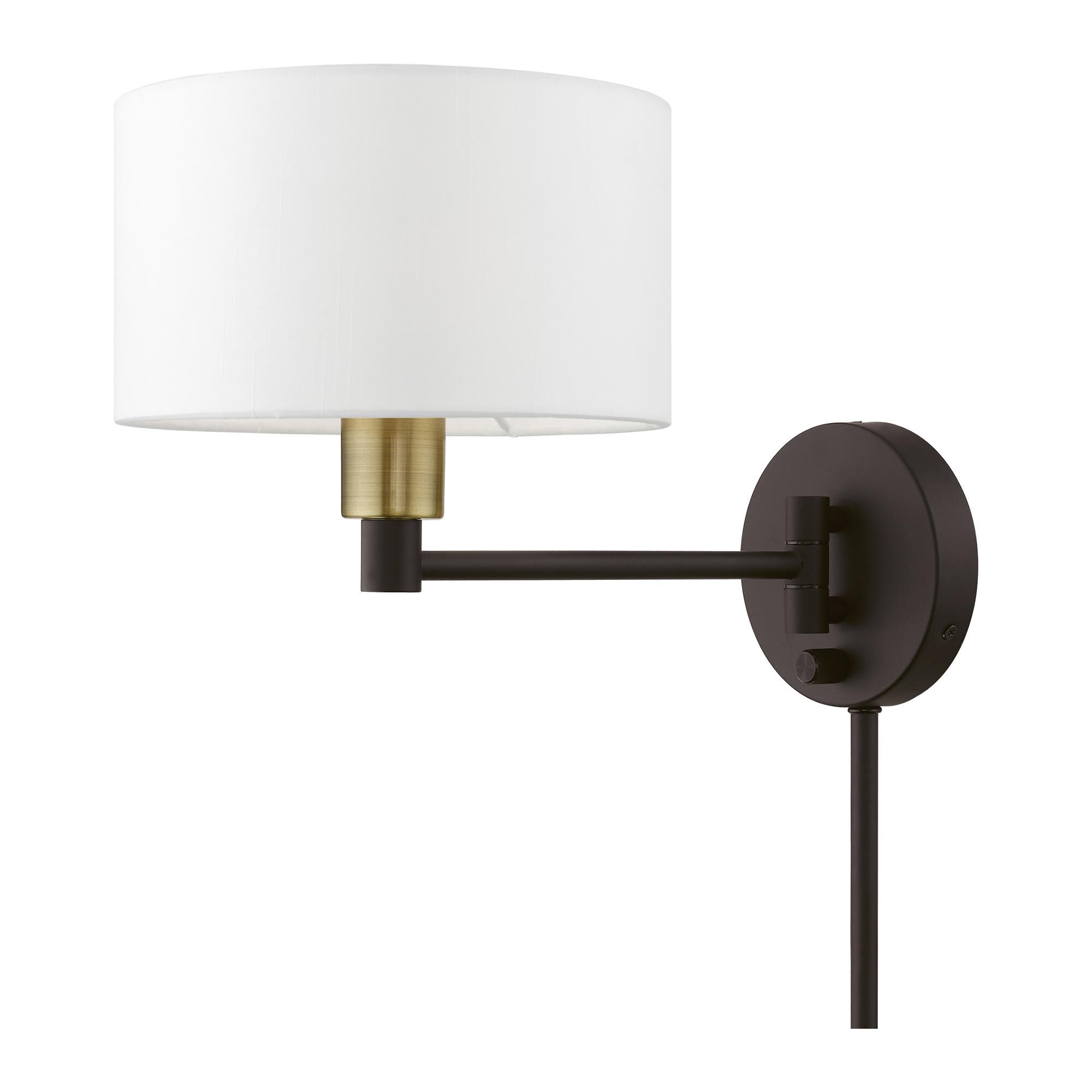 Shown in Bronze with Antique Brass Accent finish and Hand Crafted Off-White Hardback Fabric shade