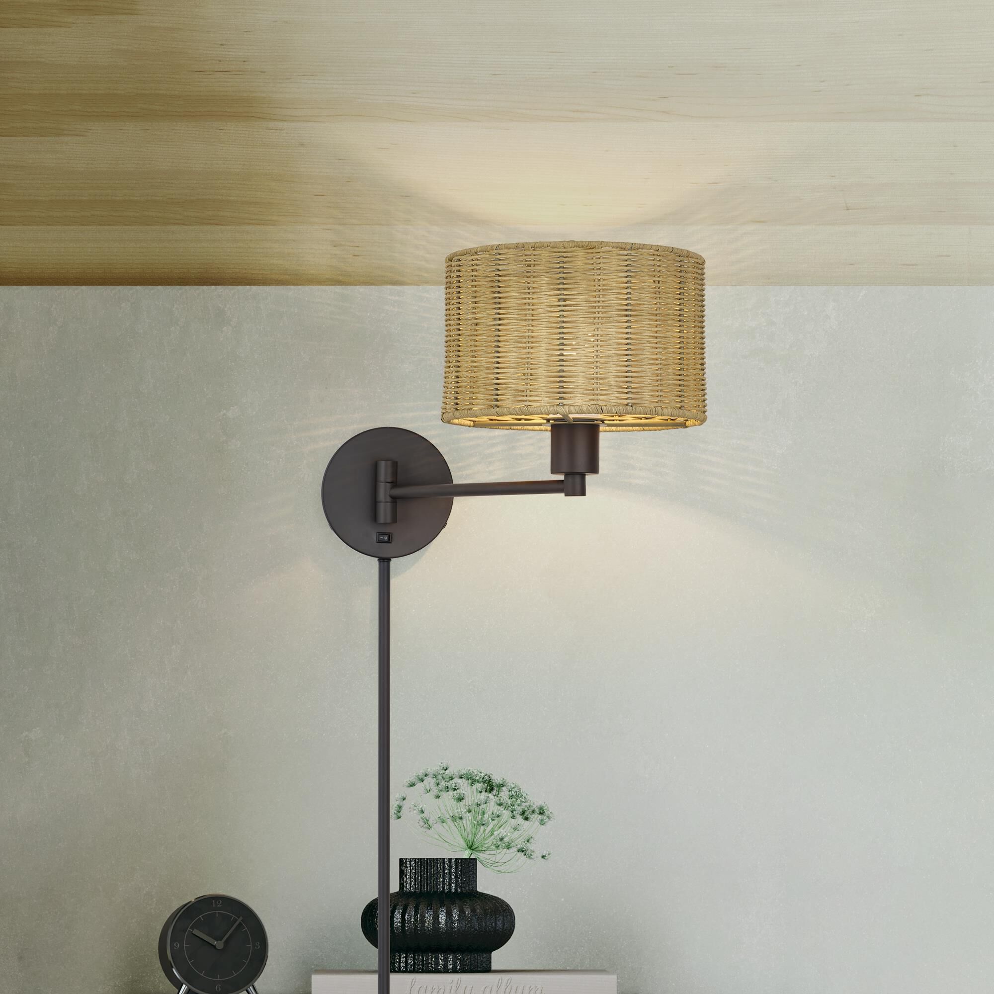 Shown in Bronze finish and Hand-Woven Rustic Walnut Color Rattan shade